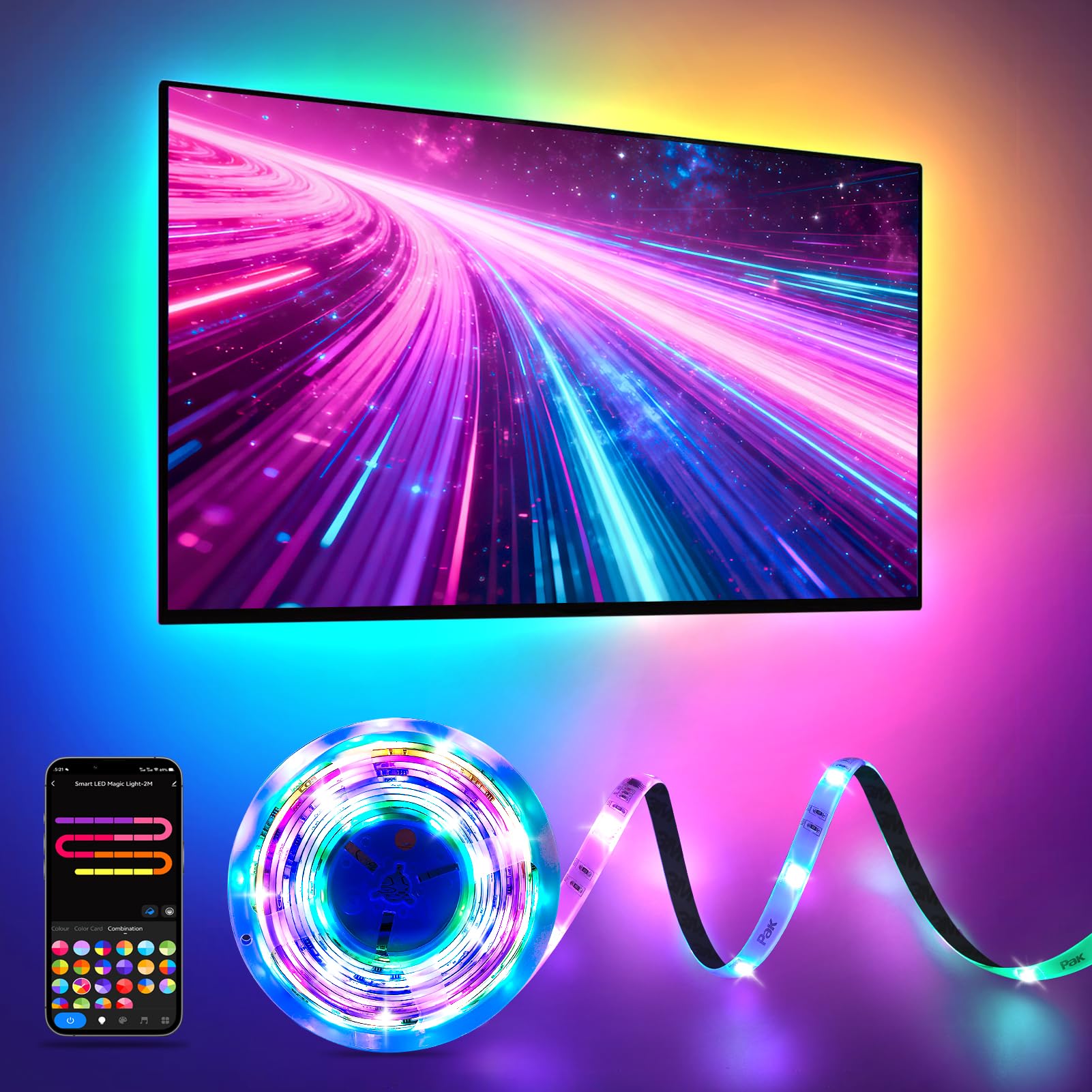 Pak RGB+IC LED Strip Lights for Bedroom & TV, 16.4ft Smart Lights with Remote APP Control, DIY 16 Million Colors, Music Sync Color Changing LED