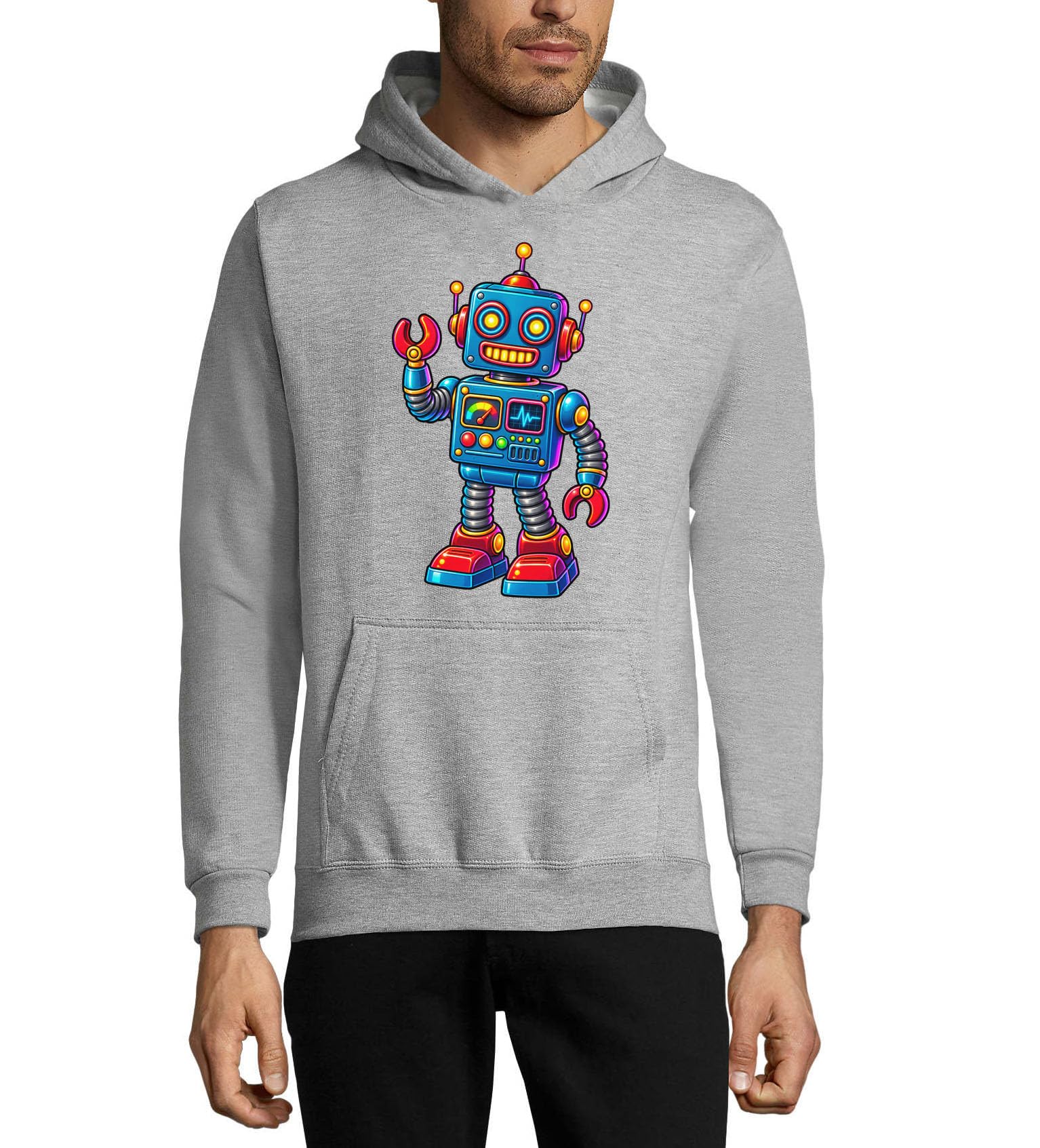 Felpa con cappuccio unisex in misto cotone colorato con robot retrò con luci luminose grigio