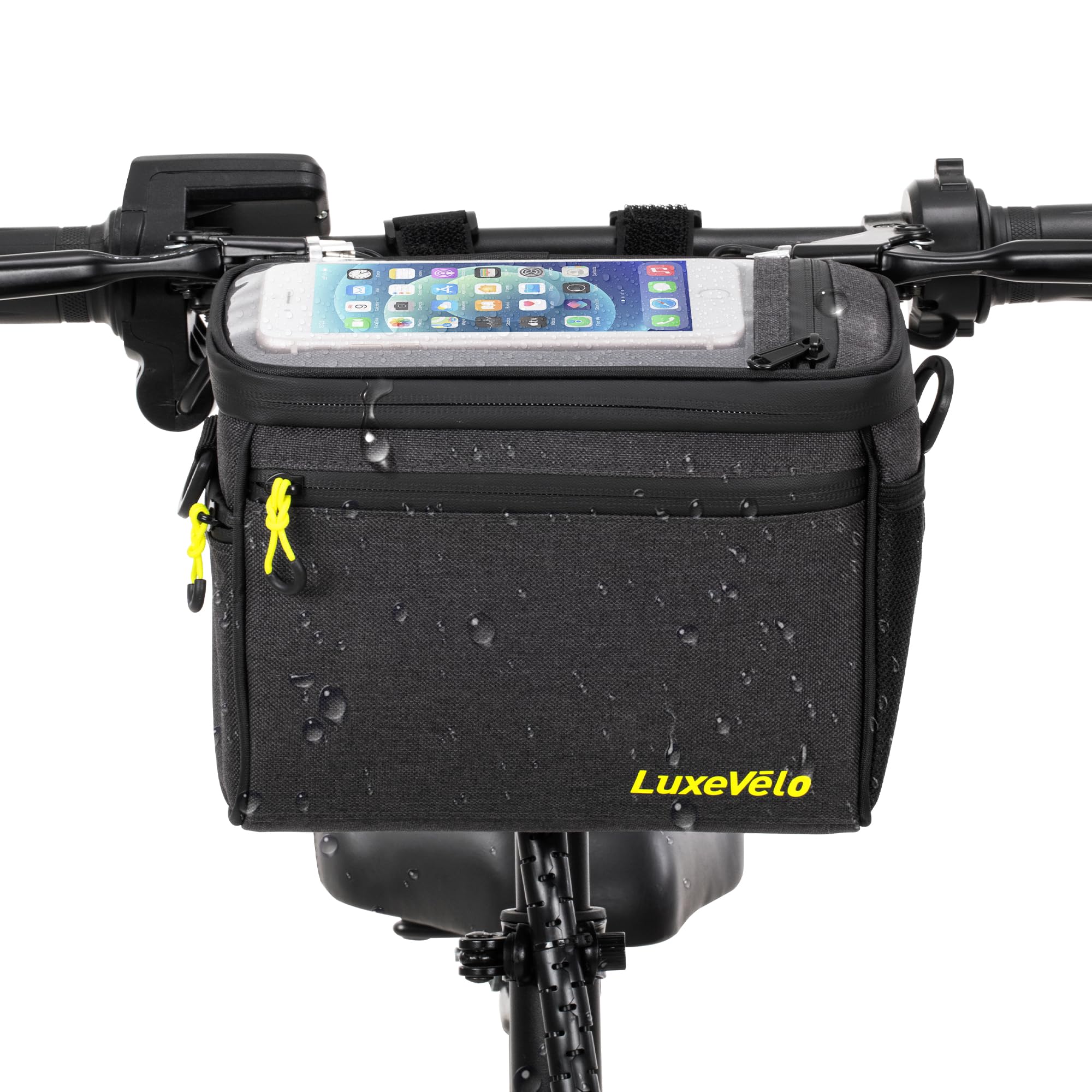 Luxevelo Bike Handlebar Bag with 6" Transparent Pouch, 360° Sealed Anti-Rust/Slip Zippers & Bottle Pocket – Lightweight 3-Layer Weatherproof Design, Convertible Strap for Cycling, Commute & Travel