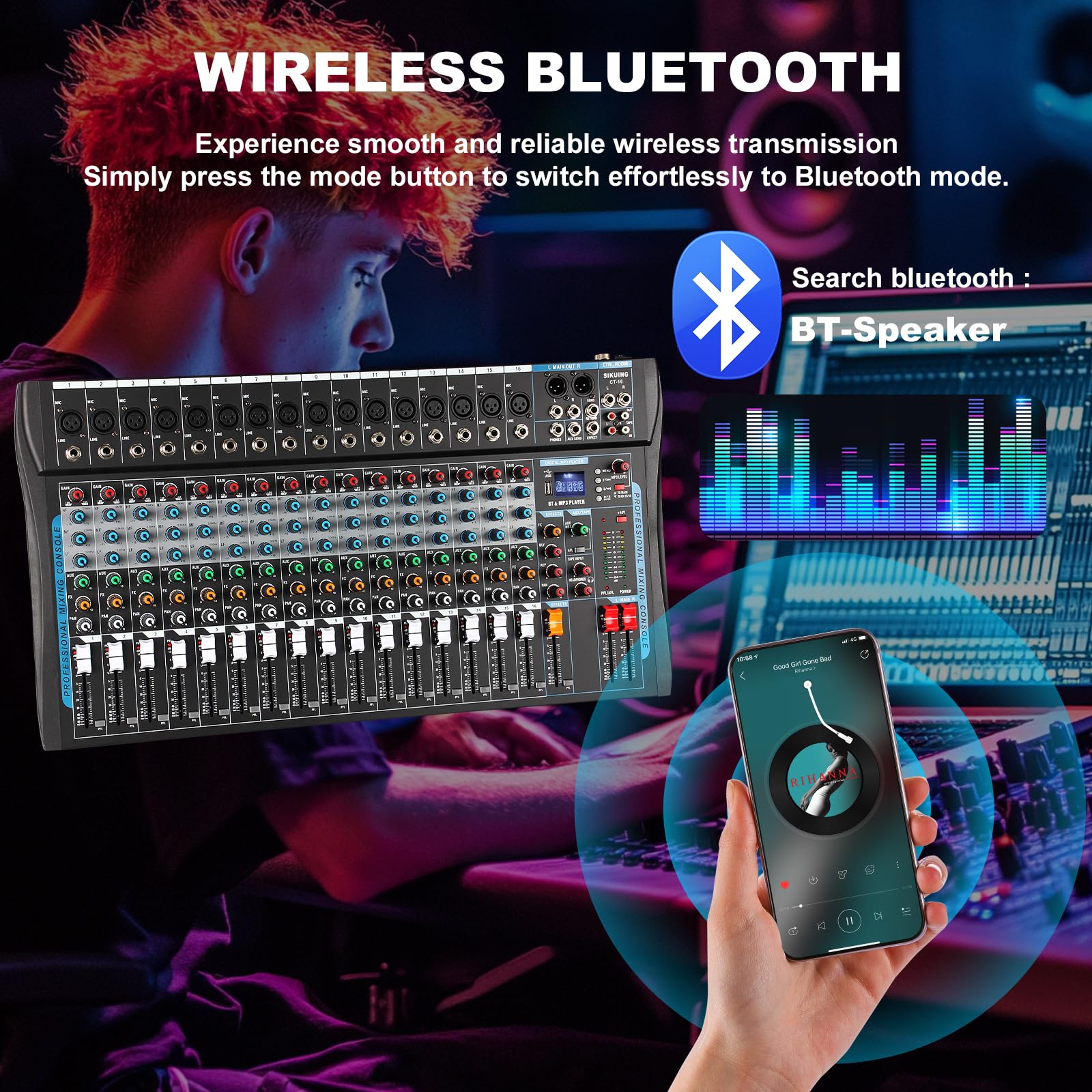 Mixer per scheda audio a 16 canali, mixer per DJ, effetto DSP a 16 bit, mixer audio USB + 48 V Phantom Power Bluetooth Mixer per karaoke Studio Streaming Registrazione, Live Streaming