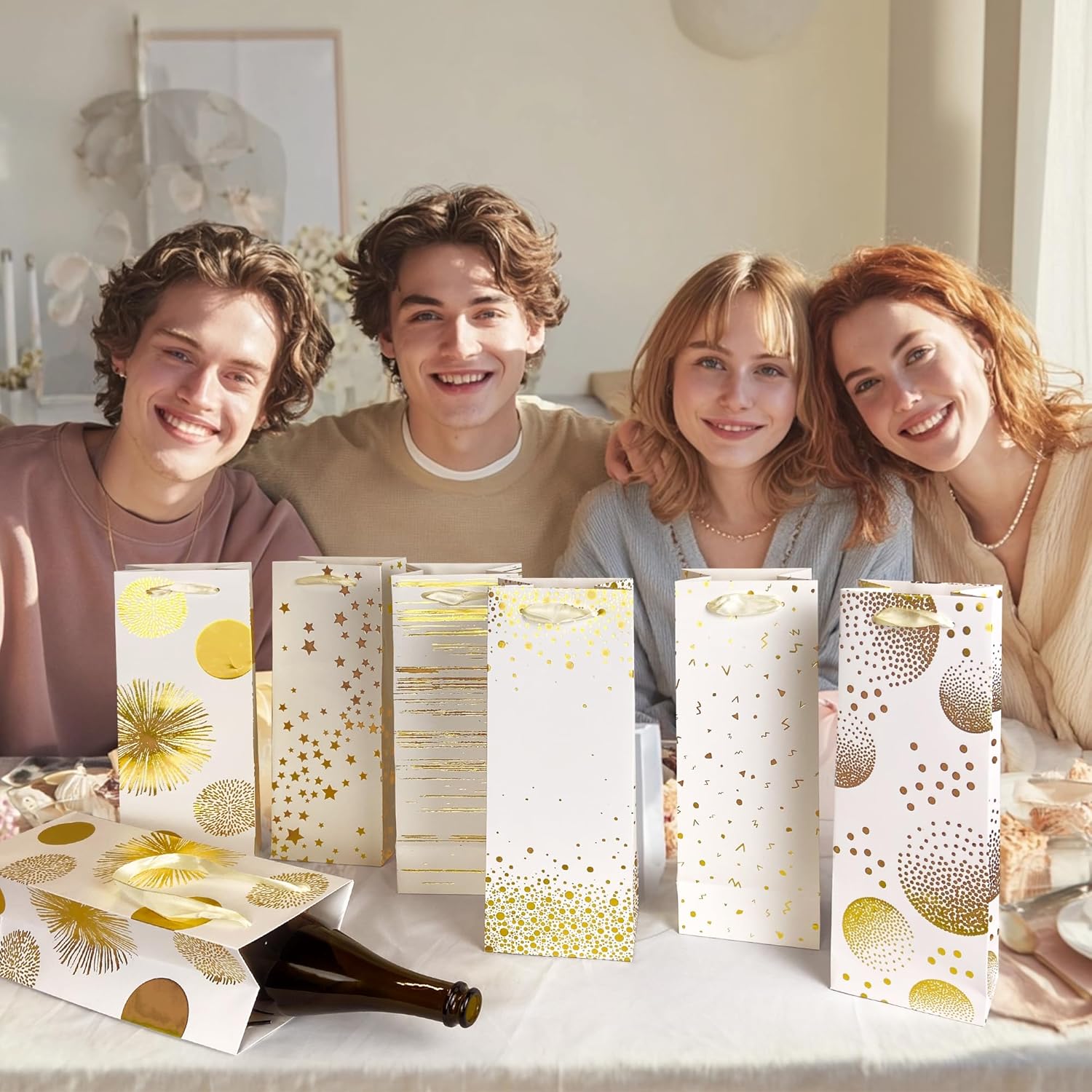 KEEPARTY 18 PCS Wine Gift Bag 5 "x 4" x 13 "Loose Wine Bottle Gift Bag Paper Gift Bag with Handle and Gold Hot Print for Wedding Party Anniversaries - Image 6