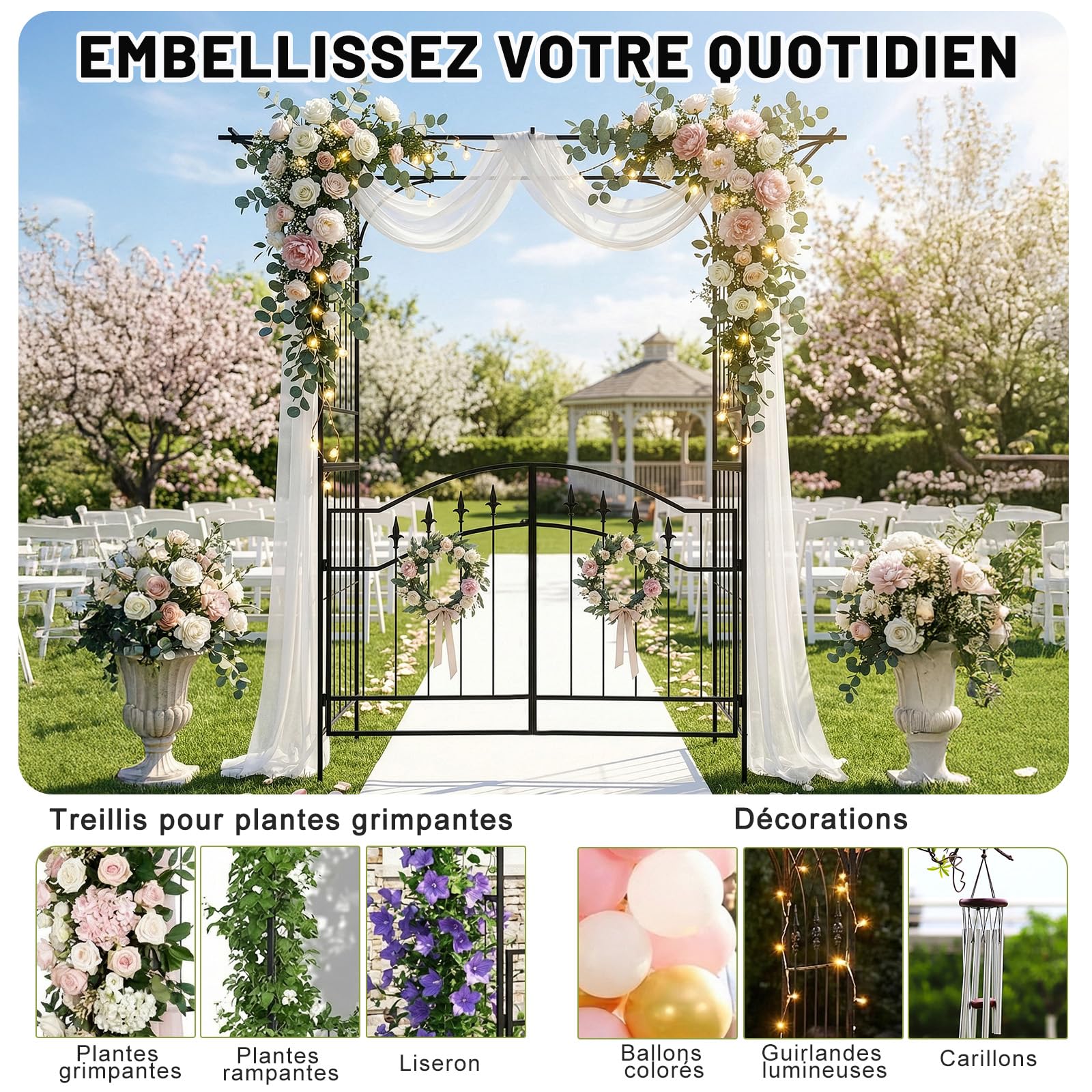 Arche de Jardin 208x179x51cm - Arche de rosiers adaptée aux Plantes grimpantes, Toit Plat Unique avec Porte intégrée, idéal pour la décoration extérieure