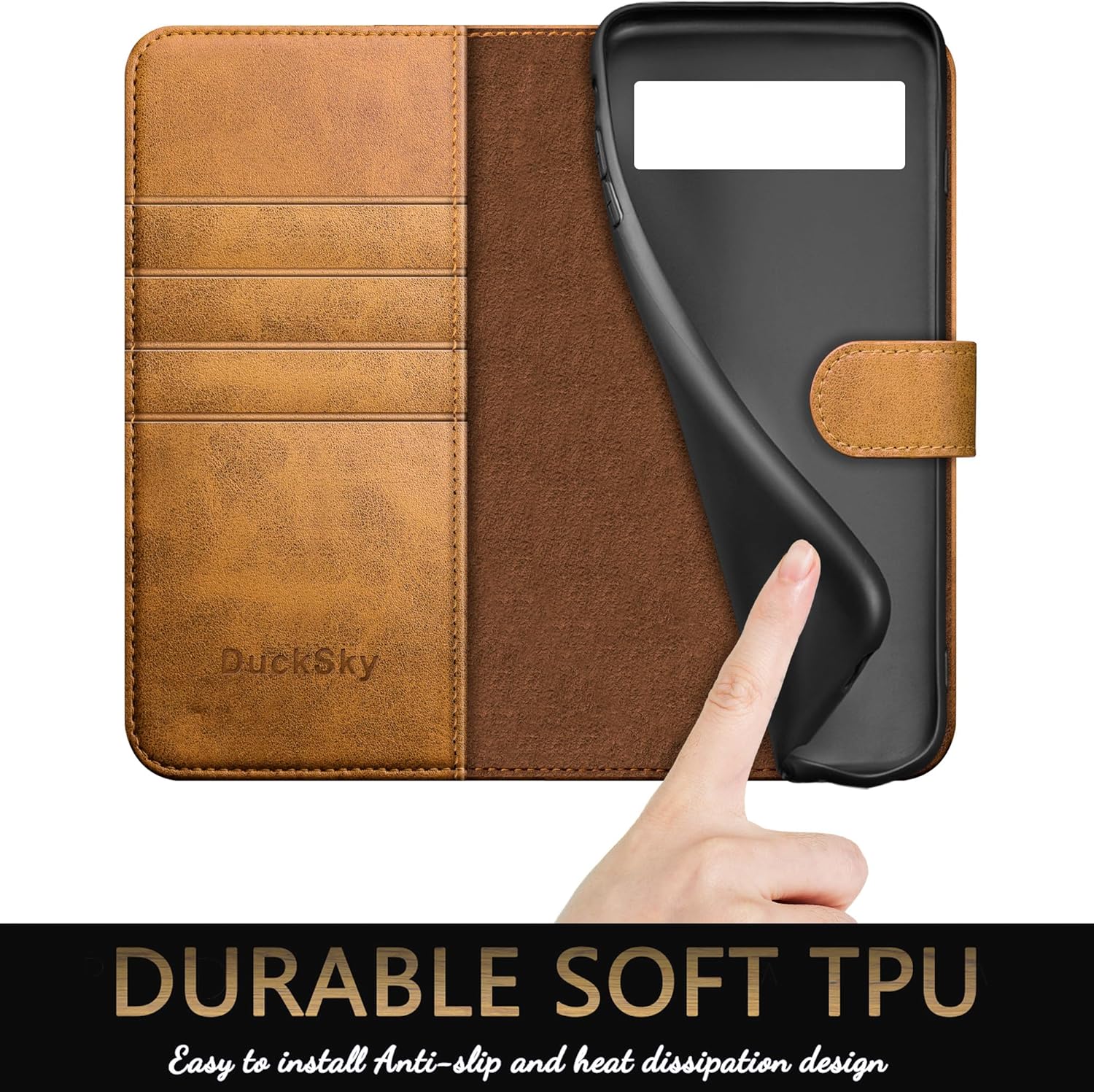 DuckSky for Google Pixel 8A Genuine Leather Wallet case 【RFID Blocking】【4 Credit Card Holder】【Real Leather】 Flip Folio Book Phone case Protective Cover Women Men for Pixel 8A case Khaki