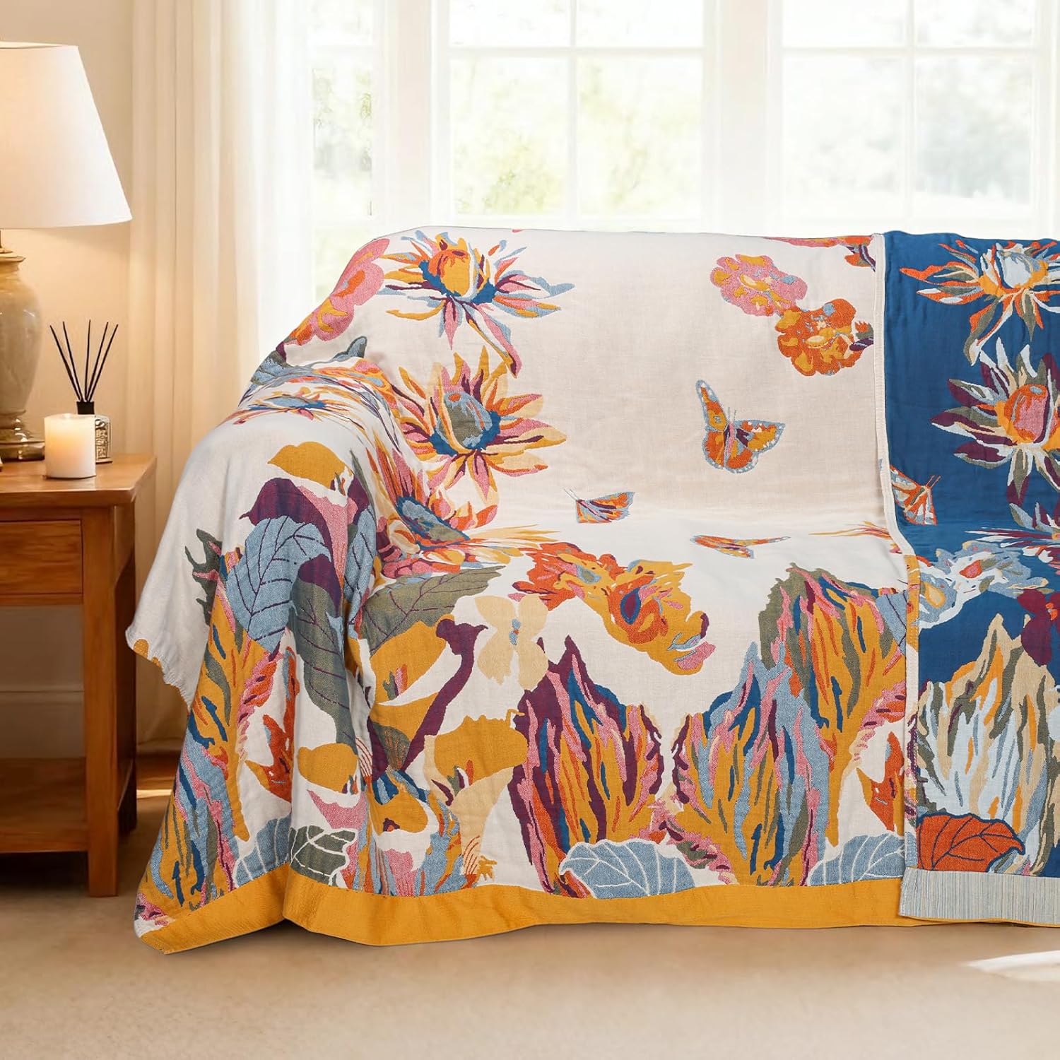 MACEVIA 100% Cotton Boho Throw Blanket, Soft Lightweight Butterfly Floral Design, 60"x80" Twin Size Bedspread for Couch Sofa, Bed, Travel, Cottagecore Decor (Butterfly Floral)