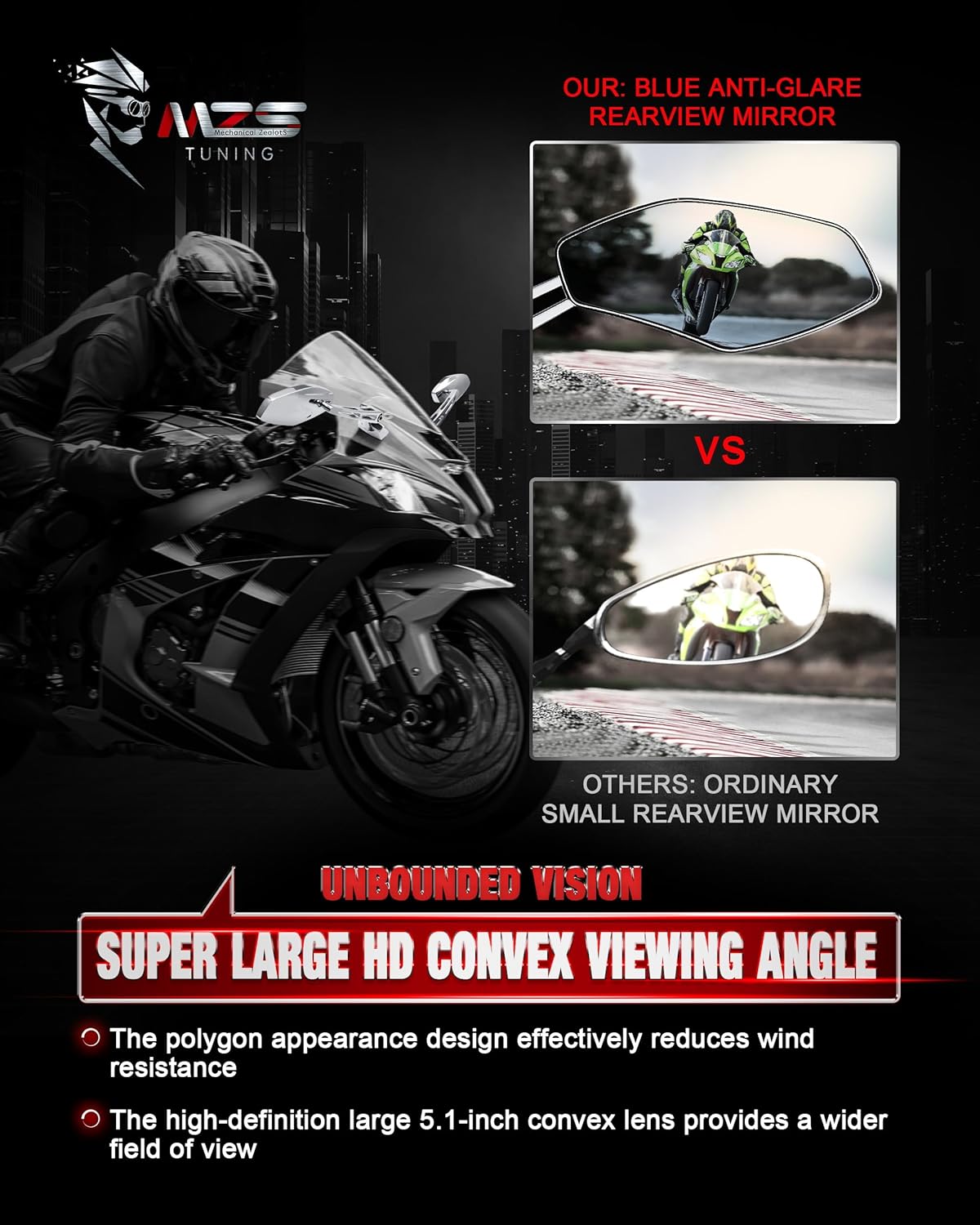 MZS Motorcycle Mirrors Double Adjustable Compatible with YZF R1 R6 FZ6R Hayabusa GSXR 600 750 1000 CBR600RR CBR1000RR ZX6R ZX10R EX 250 500 650, Racing Sport Bike Rear View Mirror Accessories Chrome
