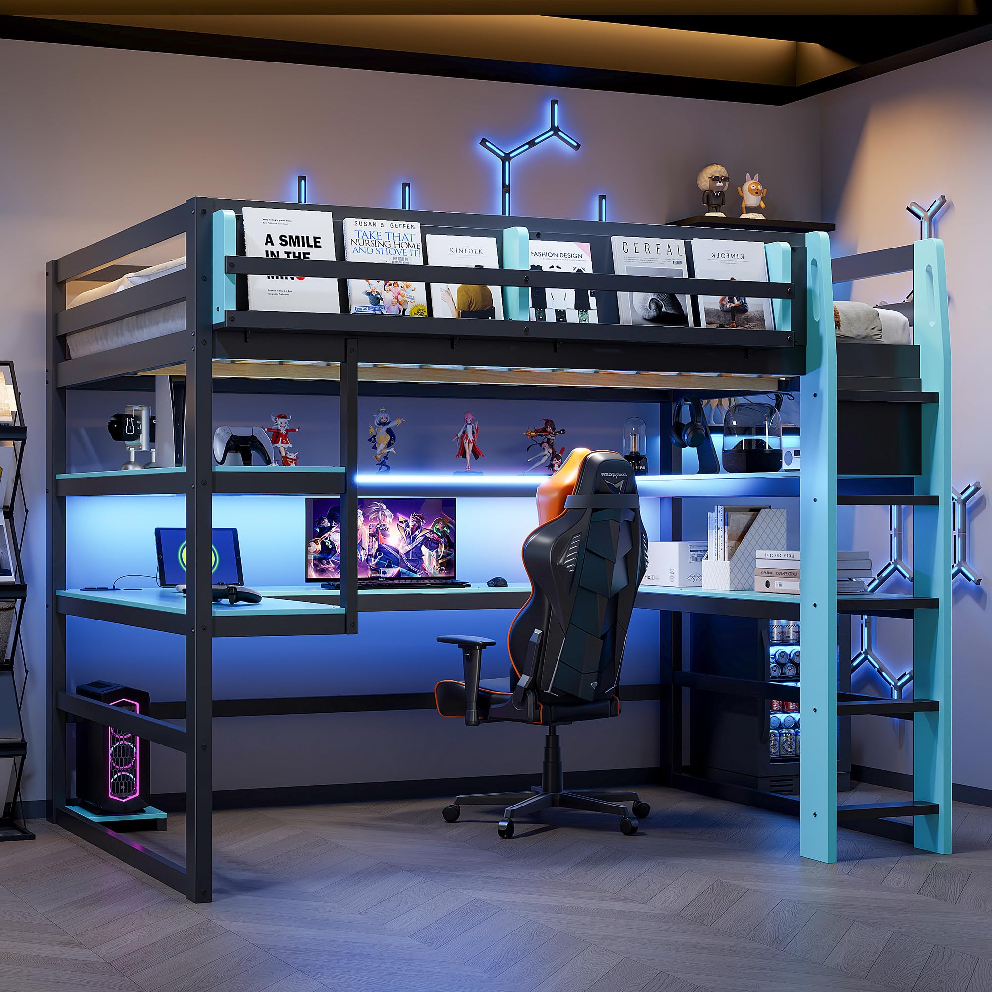 Photo 1 of ***MISSING PARTS***
Merax Full Size Wood Loft Bed with Desk, Side Storage Rack, Multi-Storage Shelves and USB Ports, Space-Saving Loft Bed for Teens, Adults, Blue