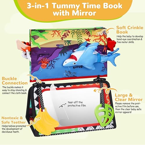 Miniatura 3 de Hamino Juguetes de espejo 3 en 1 para bebé, color blanco y negro, de alto contraste, con libro de tela arrugada, muñeca de tiburón, mordedor