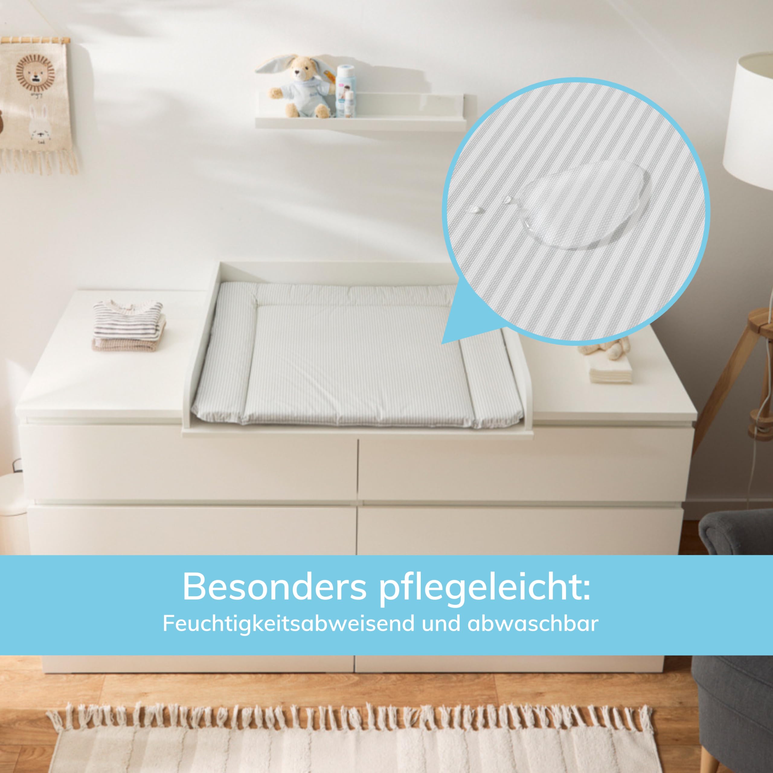 Premium Wickelauflage 77x73 cm | Wickelunterlage für Wickelkommode Malm Hemnes Nordli | ÖKO-TEX 100 | Abwaschbar, wasserabweisend, beidseitig bedruckt | Farbstoff- und phthalatfrei | Streifen grau