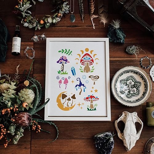 Miniatura 6 de FINGERINSPIRE Plantilla de hongos mágicos de 8.3 x 11.7 pulgadas, plantillas de fase lunar de plástico, luna, diamantes, hierba, estrellas, patrón