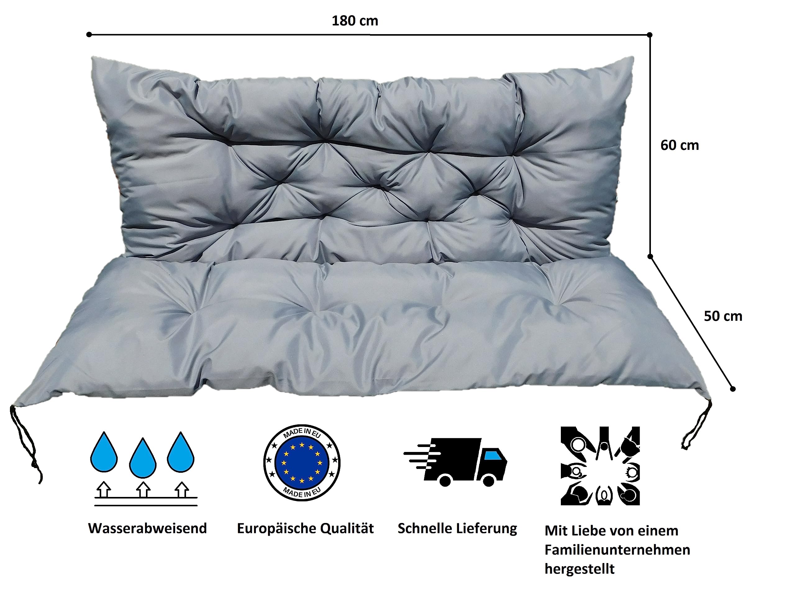 Waterproof Poduszki na palety, na huśtawkę Hollywood, nakładka na ławkę ogrodową, poduszka na siedzisko, poduszka z oparcie, poduszka do wypoczynku, do użytku na zewnątrz, 180 x 110 (180 x 50 x 60 cm), kolor szary