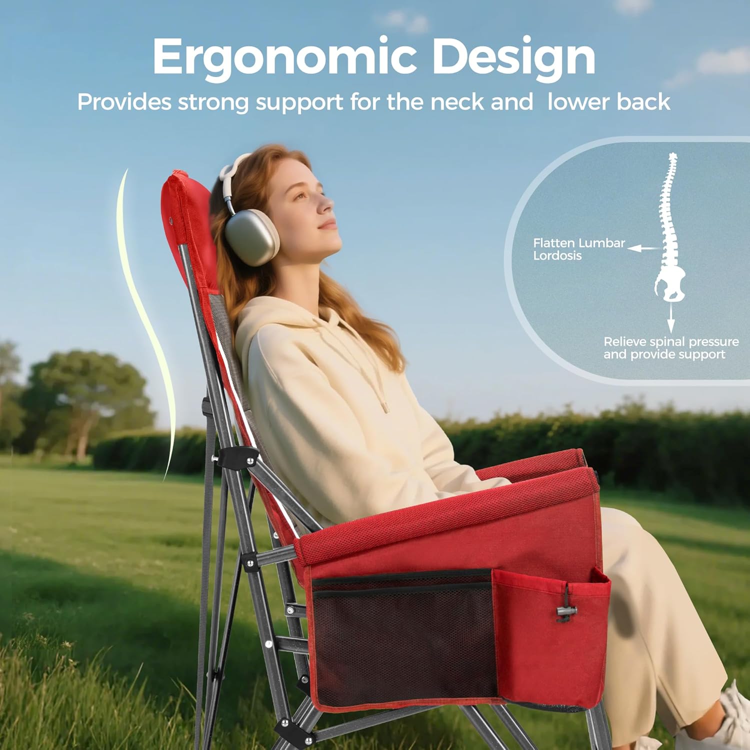 ALPHA CAMP Heavy Duty High Back Camping Chairs with Cup Holder Oversized Folding Chair Outdoor Chair with Headrest,Lawn with Side Pocket for Lawn, Sports and Fishing, 500lbs