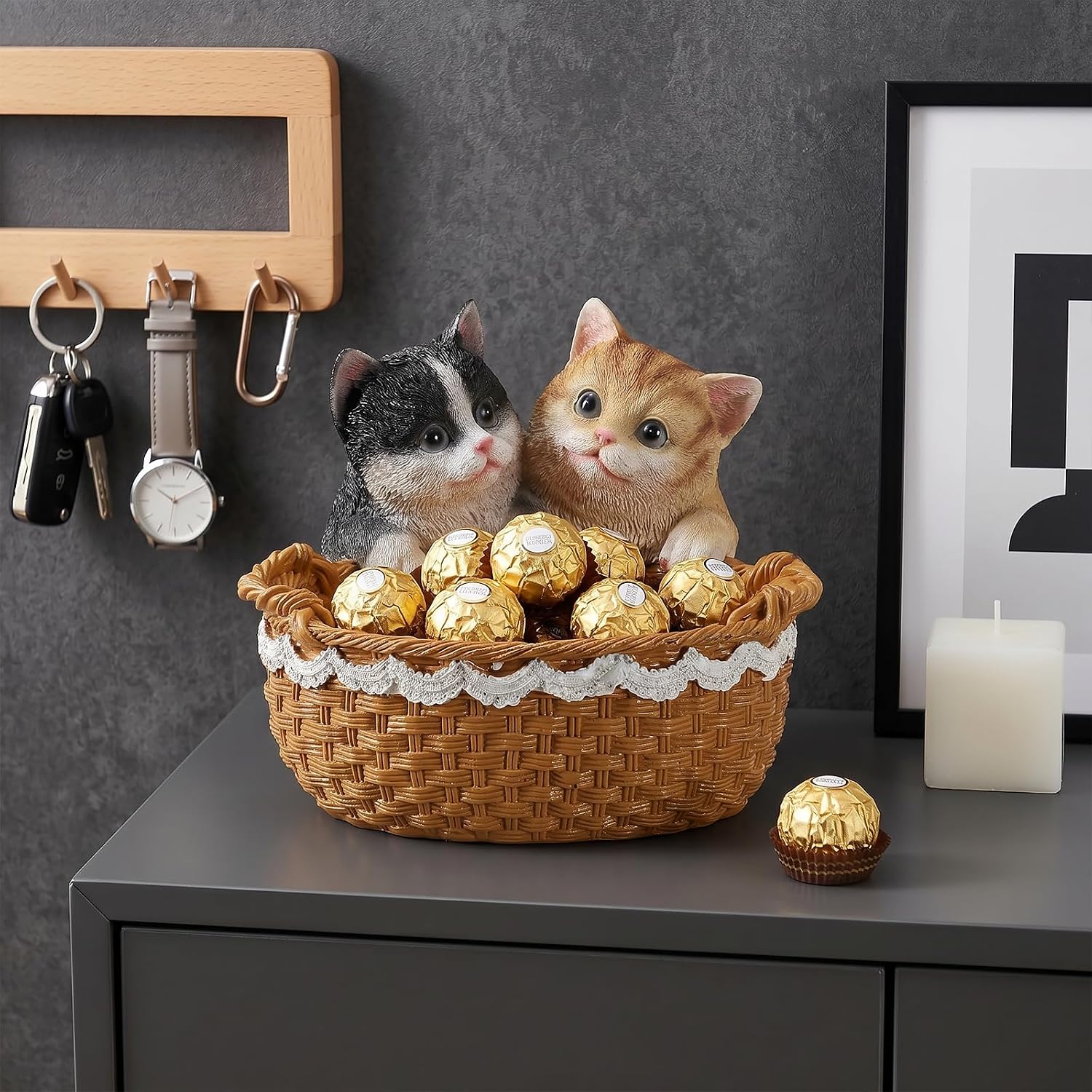 Tuxedo & Orange Tabby Cat Storage Basket, Resin Cat Toy Bin with Handles, Cute Black White Cat & Ginger Cat Face Organizer for Laundry, Books, Shelves – 1.7 LBS, Black/White & Orange