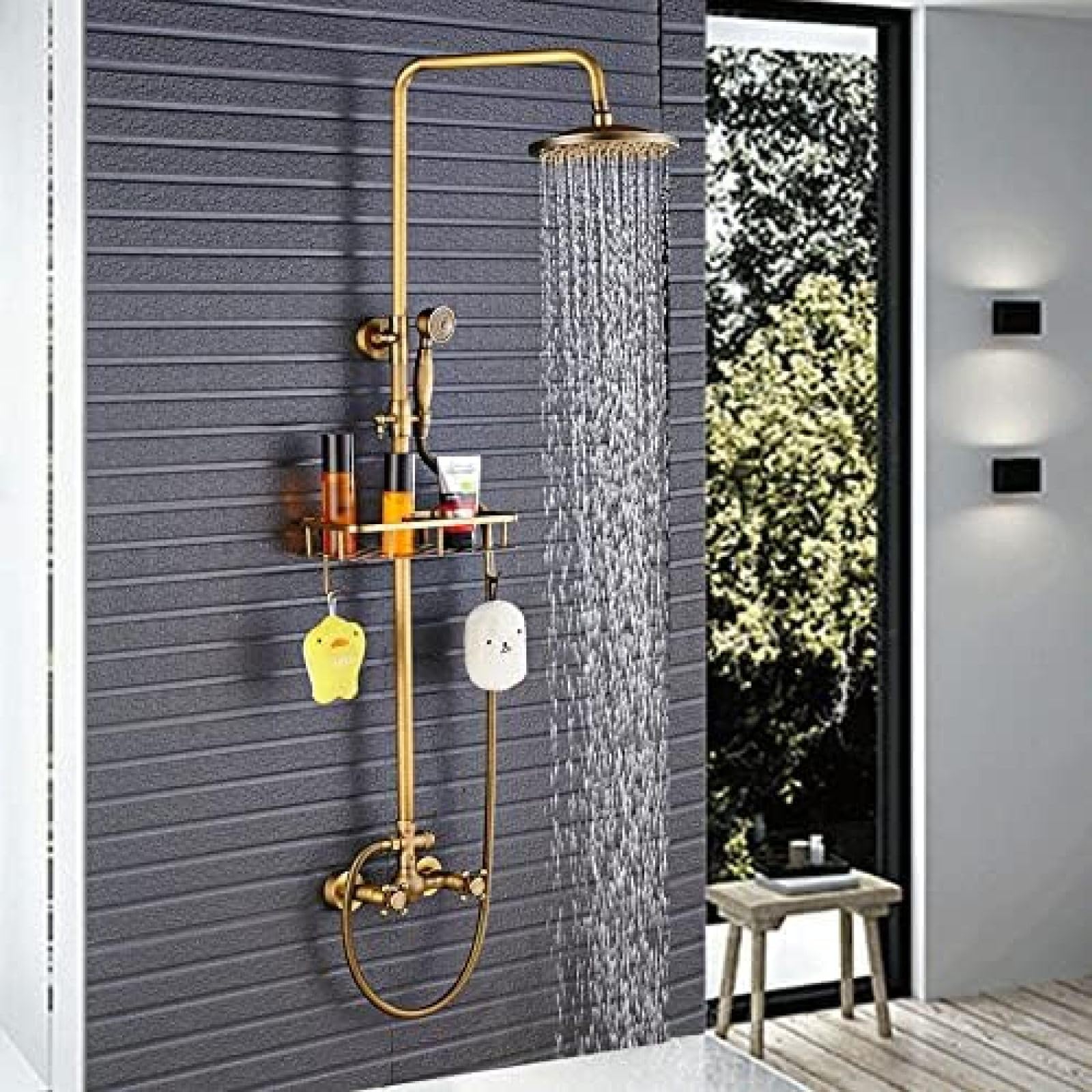 GLJTUO Wall Mounted Shower Faucet Set 8 Inch Rainfall Head Handheld Shower Bath Filler Hot and Cold Water Mixing Faucet-Antique Brass A,Antique Brass G,Antique Brass E