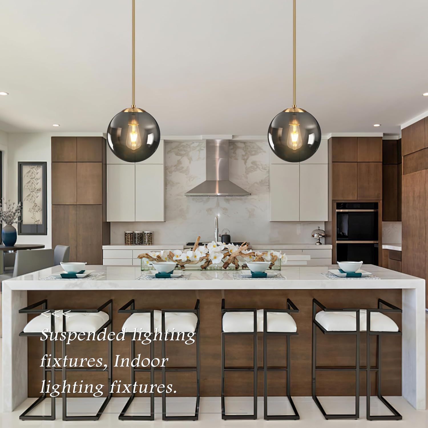 Bagood 10 Inch Globe Pendant Light Gold Globe Pendant Lights Kitchen Island Mid Century Light Fixture with Gray Clear Glass Contemporary Adjustable Hanging Lights for Dining Room (Bulb Included)