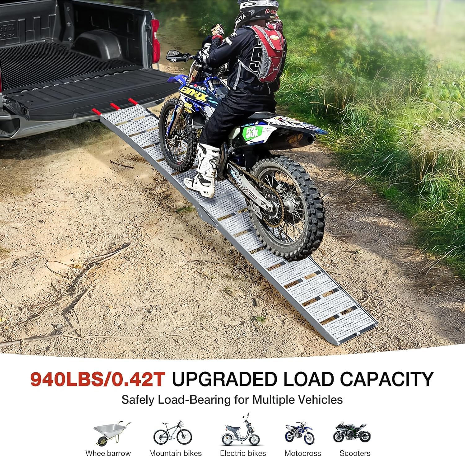 Aluminum Motorcycle Ramp – 1 Pc, 940 lbs Capacity (High Load), 7.5ft Ramp with Load Strap for Motorcycles, Dirt Bikes, Scooters, Lawn Mowers, Pickup Trucks | 91" L x 11.4" W