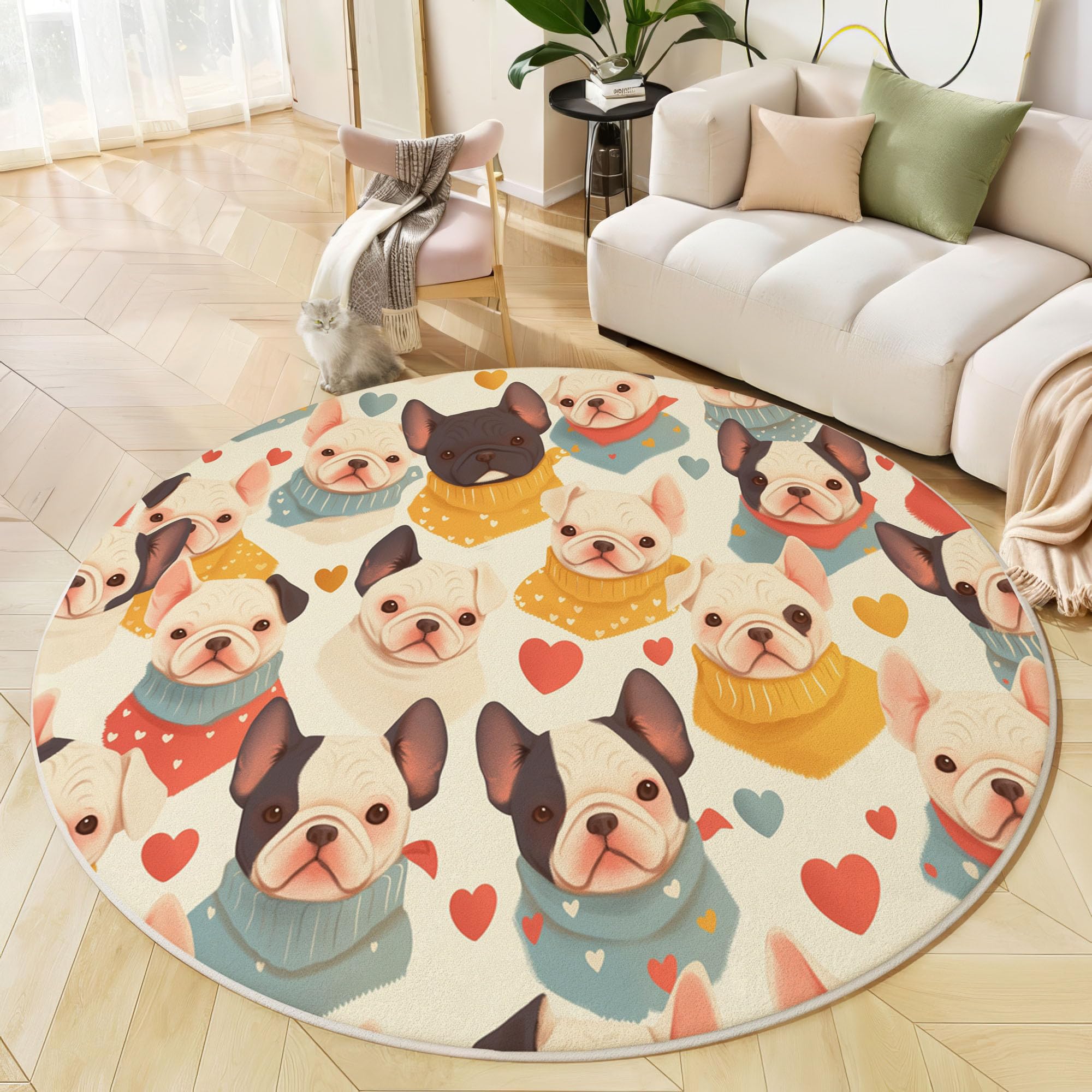Bouledogue français mignon sur tapis doux confortable de 80 cm rond