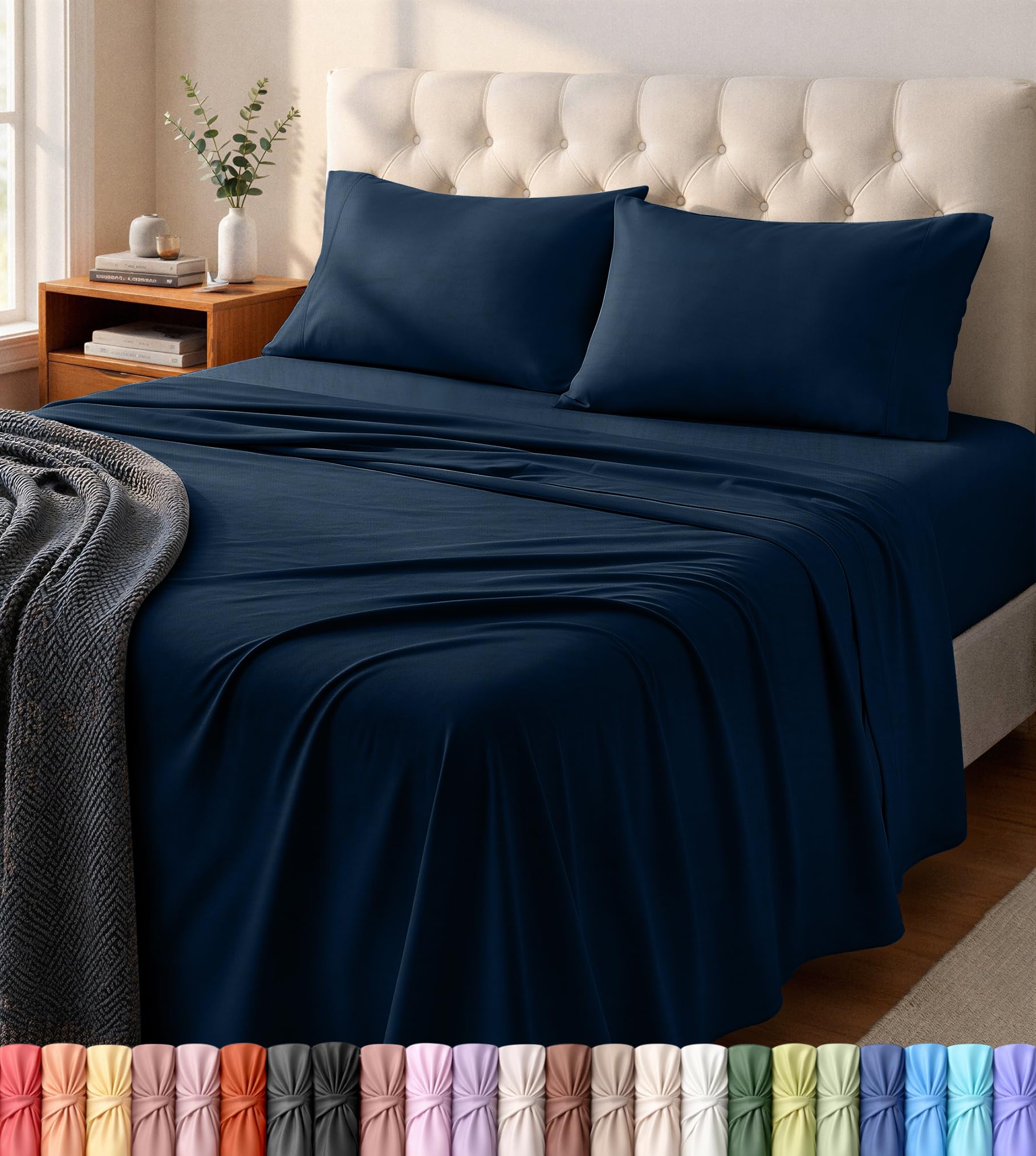 Utopia Bedding Jersey Knit Queen Sheets Set – 4 Piece Cotton Jersey Sheets, Ultra Soft T-Shirt Feel, Breathable & Stretchy Bed Sheet Set, Navy — image 1