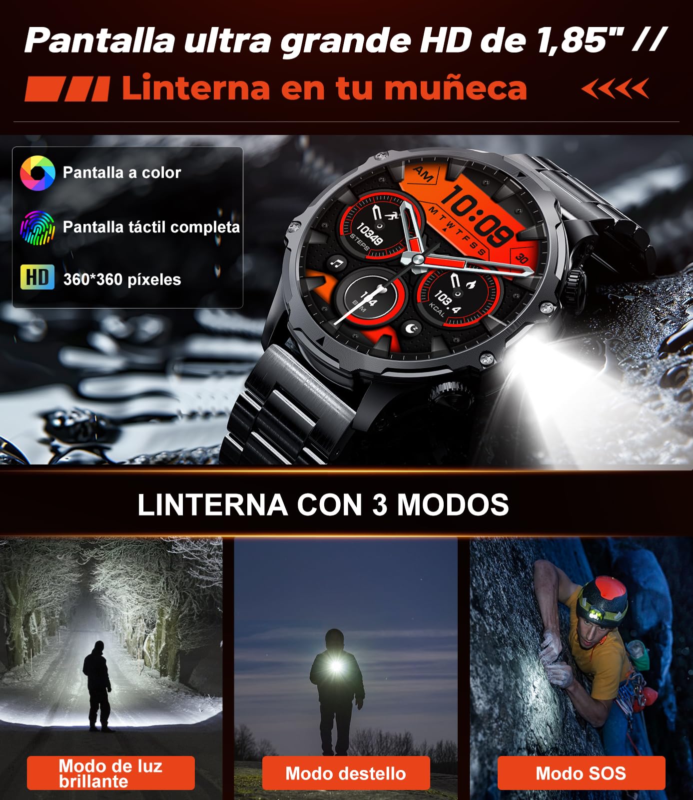 LIGE Reloj Inteligente Hombre Militar con Llamadas,800 mAh Smartwatch Hombre con 1,85" HD/5ATM Impermeable/LED Linterna/110+ Modos Deportivos/SpO2/Pulsómetro/Sueño/Pulsera Actividad Android iOS