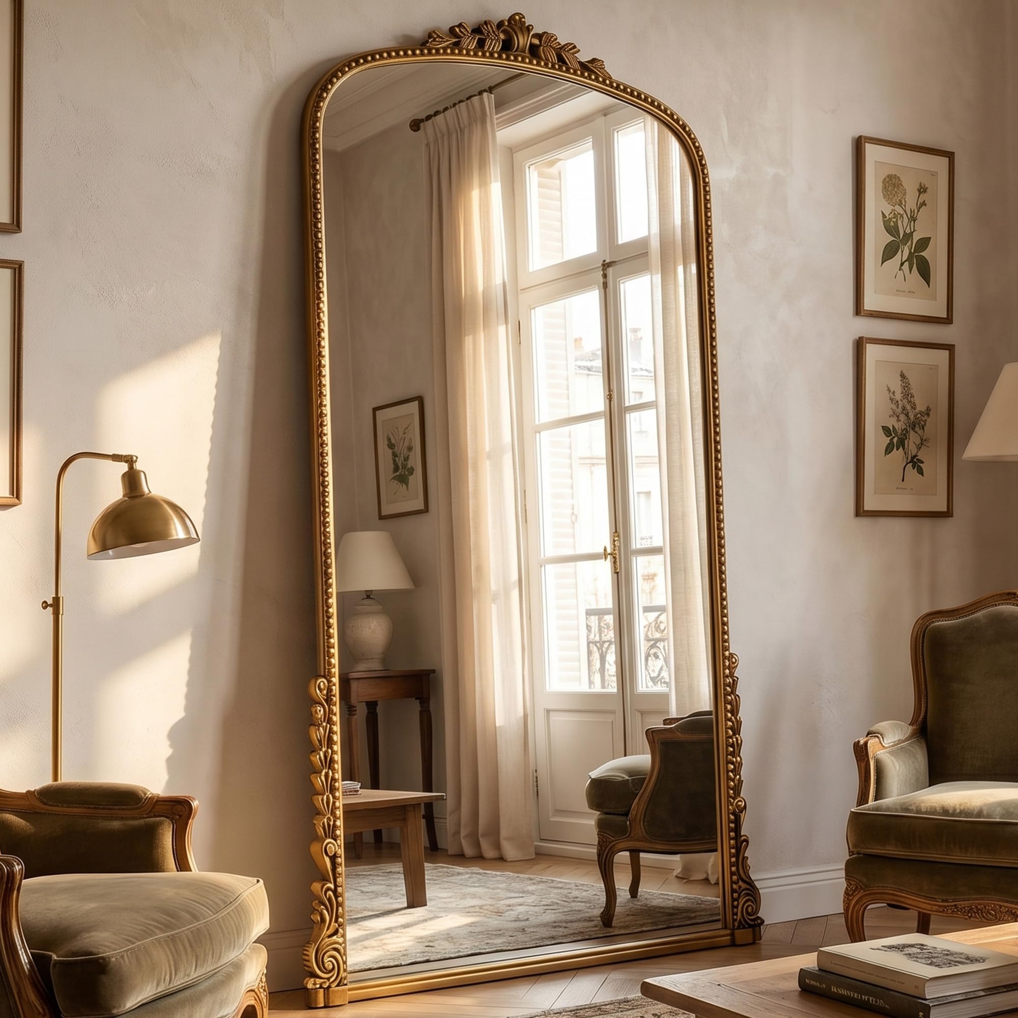BEAUTYPEAK 205x105 cm Bogenspiegel in voller Länge mit HD Glas, Groß Ganzkörperspiegel, Gold Rahmen aus PU-Kunststoff mit Retro-Prägung, XXL Spiegel für Schlafzimmer und Wohnzimmer
