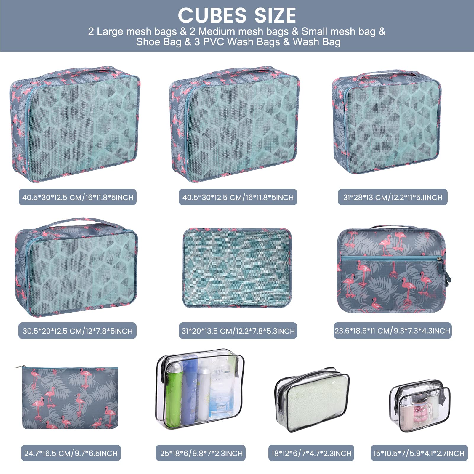 Enloffi Organizer Valigie 10 Pezzi Set Sistema di Cubo di Viaggio Impermeabili Viaggio Accessori Utili per Vestiti Scarpe Biancheria Intima Cosmetici Set di Valigie Portaoggetti, Fenicottero Blu