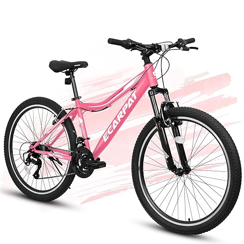 Ecarpat 24 26 Inch Mountain Bike Dual/Front Suspension, 21 Speeds Steel Frame Women Girls Bike, Adult and Teens Sport Bicycle for School Work Short Trip Camping, Summer Gift for Girls and Women - Pink - 26 inch/Front Suspension