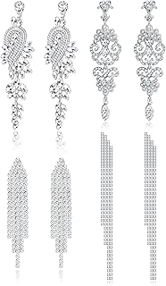 4 Pcs Elegant Clip on Earring Women Tassel Dangle Linear Drop Earring Crystal Teardrop Wedding Earring Clip Rhinestone Formal Chandelier Dangle stud Earring Boho Waterfall Beaded Fringe Drop Earring Brides Bridesmaid Non Pierced Party Jewelry