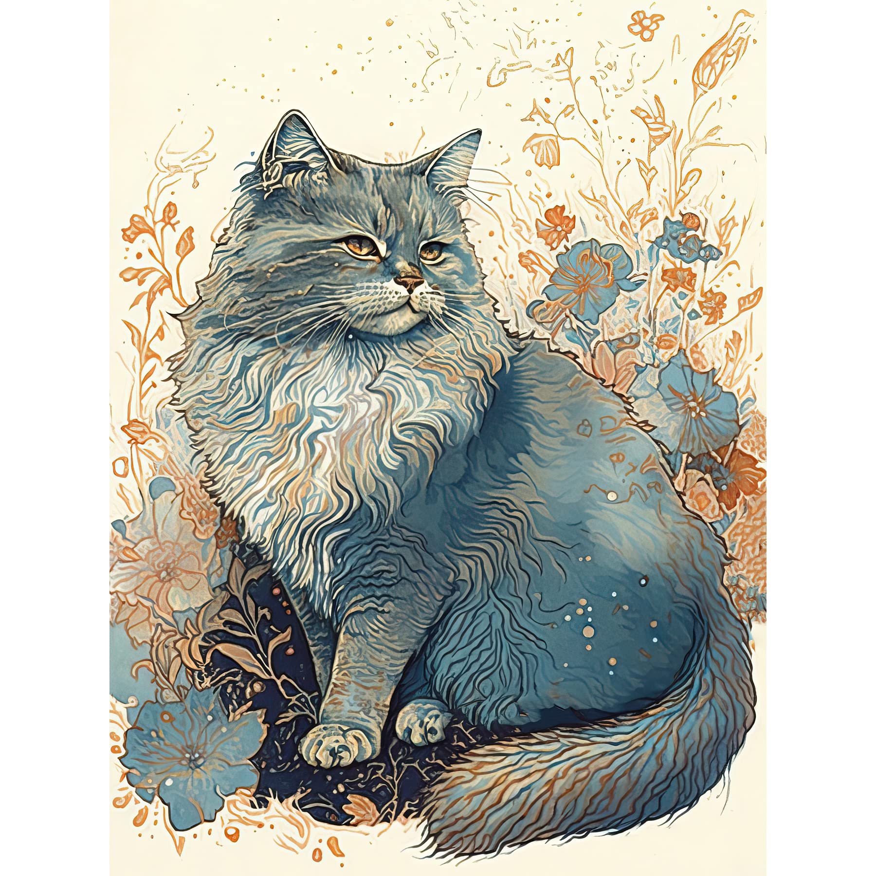 Artery8 Fluffy Cat in Wildflowers Teal and Orange Watercolour Illustration Large Wall Art Poster Print Thick Paper 18X24 Inch