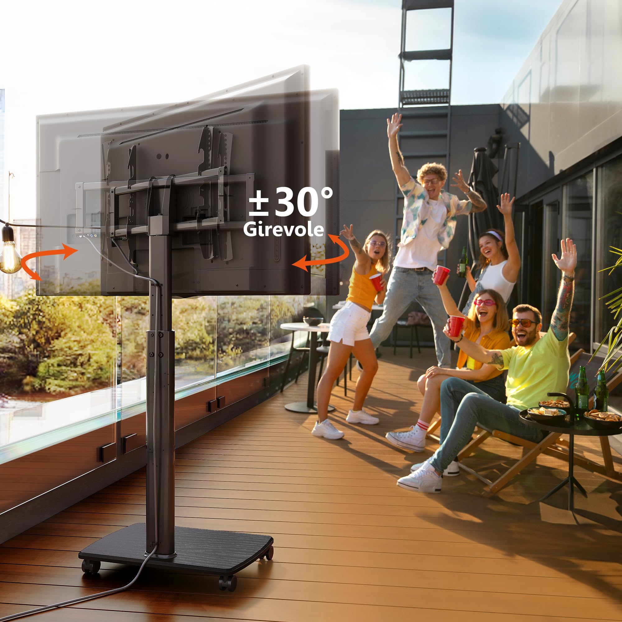 FITUEYES Carrello Porta TV con Ruote per 32-70 Pollici, 60° Girevole & 6 Altezza Carrello TV con Ruote e Legno Base, Supporto TV da Pavimento Max VESA 600x400mm Carico 40kg