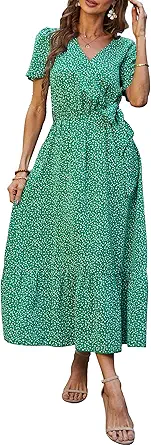 PRETTYGARDEN Women's Summer Floral Boho Maxi Dress Wrap Short Sleeve V Neck Ruffle A-Line Flowy Wedding Guest Long Dresses