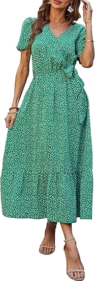 PRETTYGARDEN Women's Summer Floral Boho Maxi Dress Wrap Short Sleeve V Neck Ruffle A-Line Flowy Wedding Guest Long Dresses