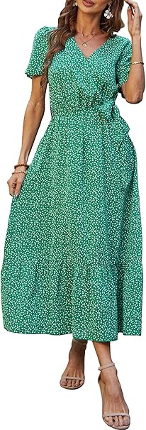 PRETTYGARDEN Women's Summer Floral Boho Maxi Dress Wrap Short Sleeve V Neck Ruffle A-Line Flowy Wedding Guest Long Dresses