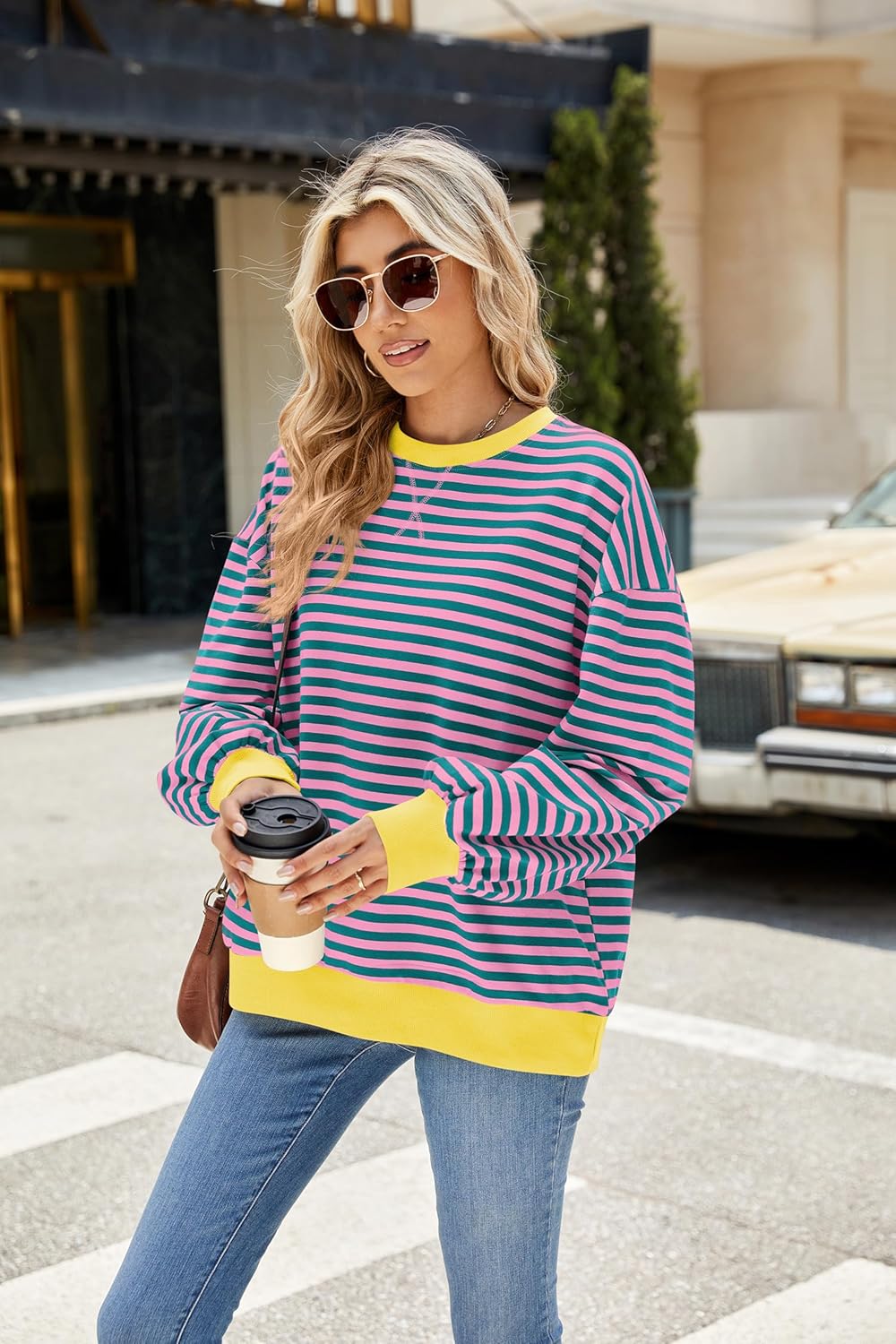 Women's Oversized Striped Sweatshirt Long Sleeve Round Neck Christmas Sweatshirt Loose Pullover Halloween Shirt Top - Image 3