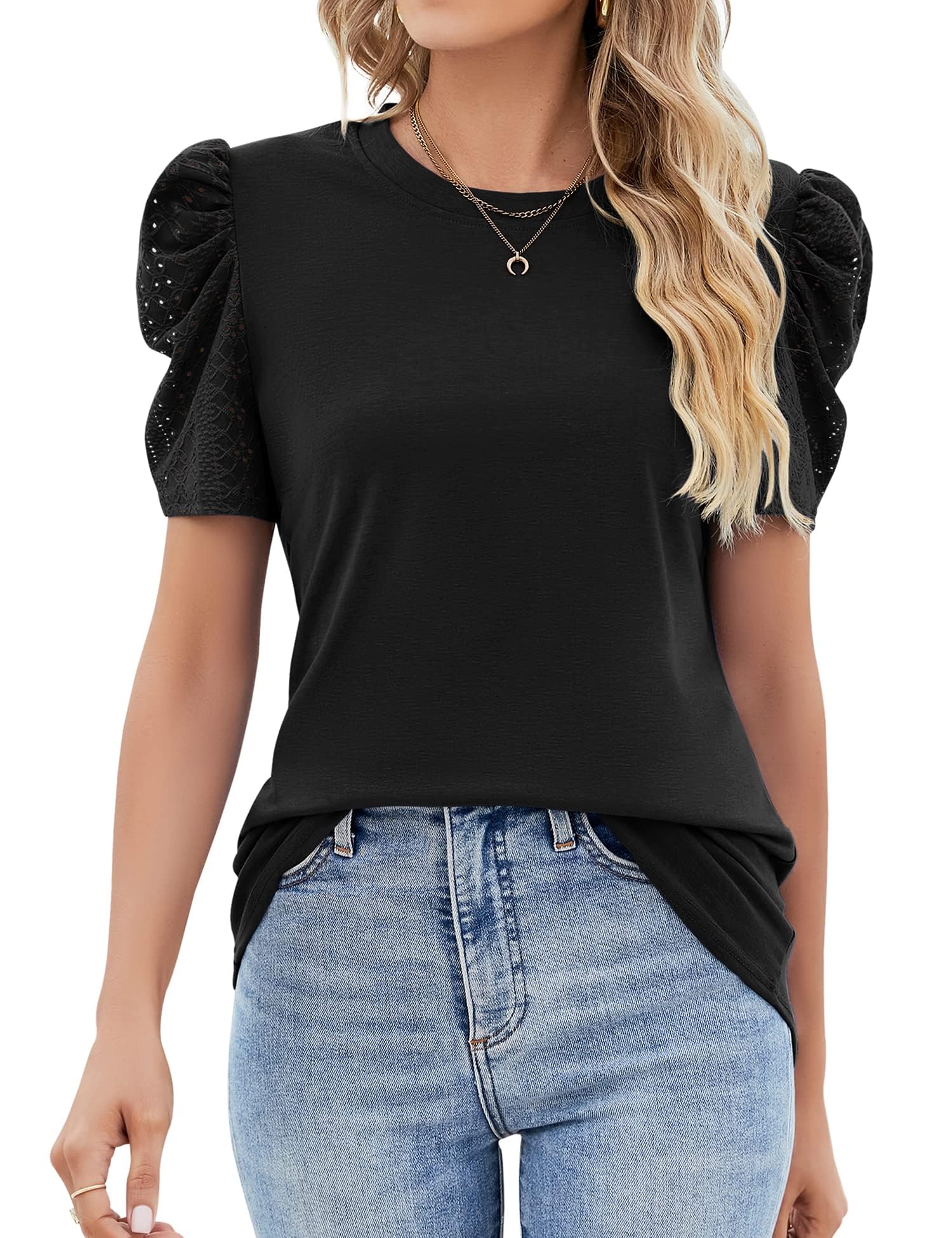 IECCP Bluse Damen Sommer T-Shirts Puff Spitze Kurzarm 2025 Sommer Oberteile Damen Rundhals Lässig Tunika T-Shirt Elegant