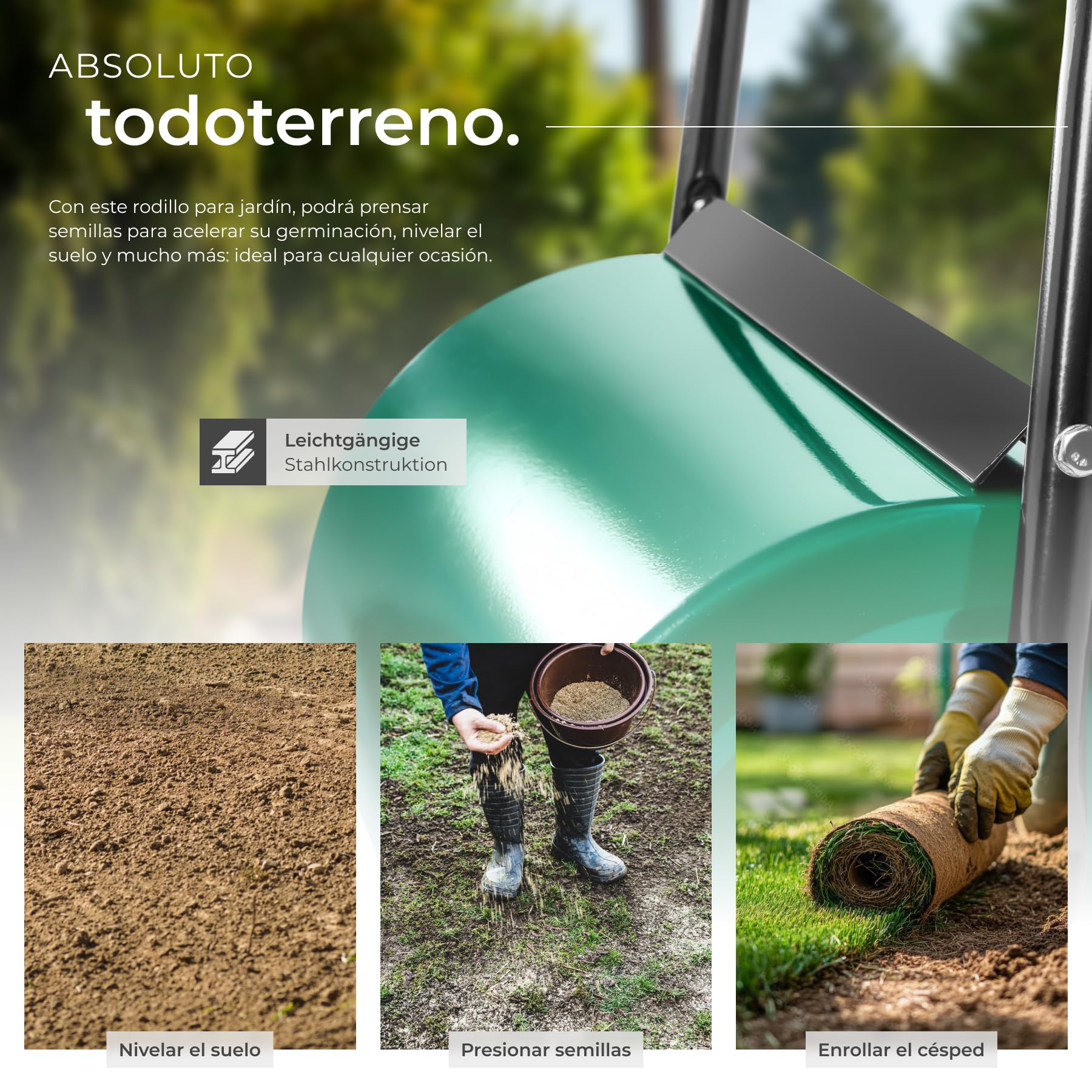 tectake Rodillo de Césped de Metal 60 cm de Ancho para Remover la Tierra para Plantas, con Rascador de Suciedad, Rodillo Compactador Tierra, Mango Acolchado, Decoracion Jardin Exterior - 50 litros