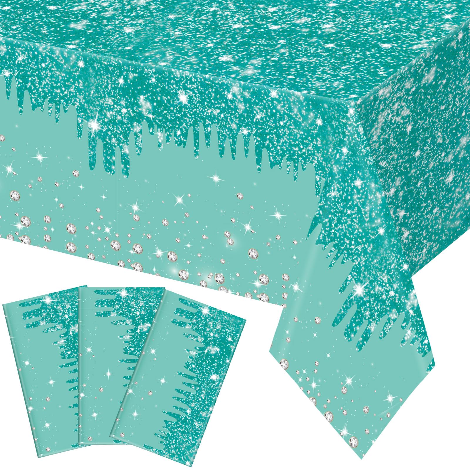 Ganeen 3 Pcs Teal Plastic Tablecloth Rectangle Silver Glitter 54x108 Inch