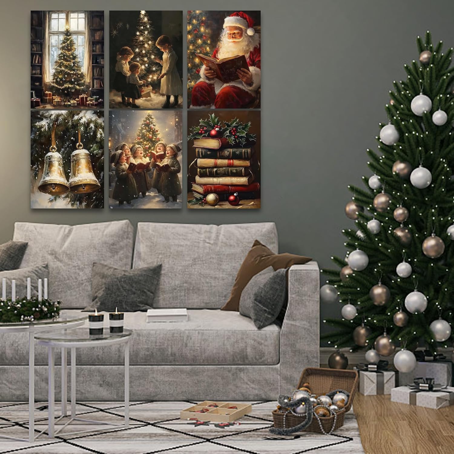6 PCS Christmas Tree Canvas Wall Art Winter Santa Claus Painting Poster Christmas Book Wall Decor Christmas Tree Picture for Living Room Bathroom Bedroom Home Decoration 12*16 in(Poster No Frame)