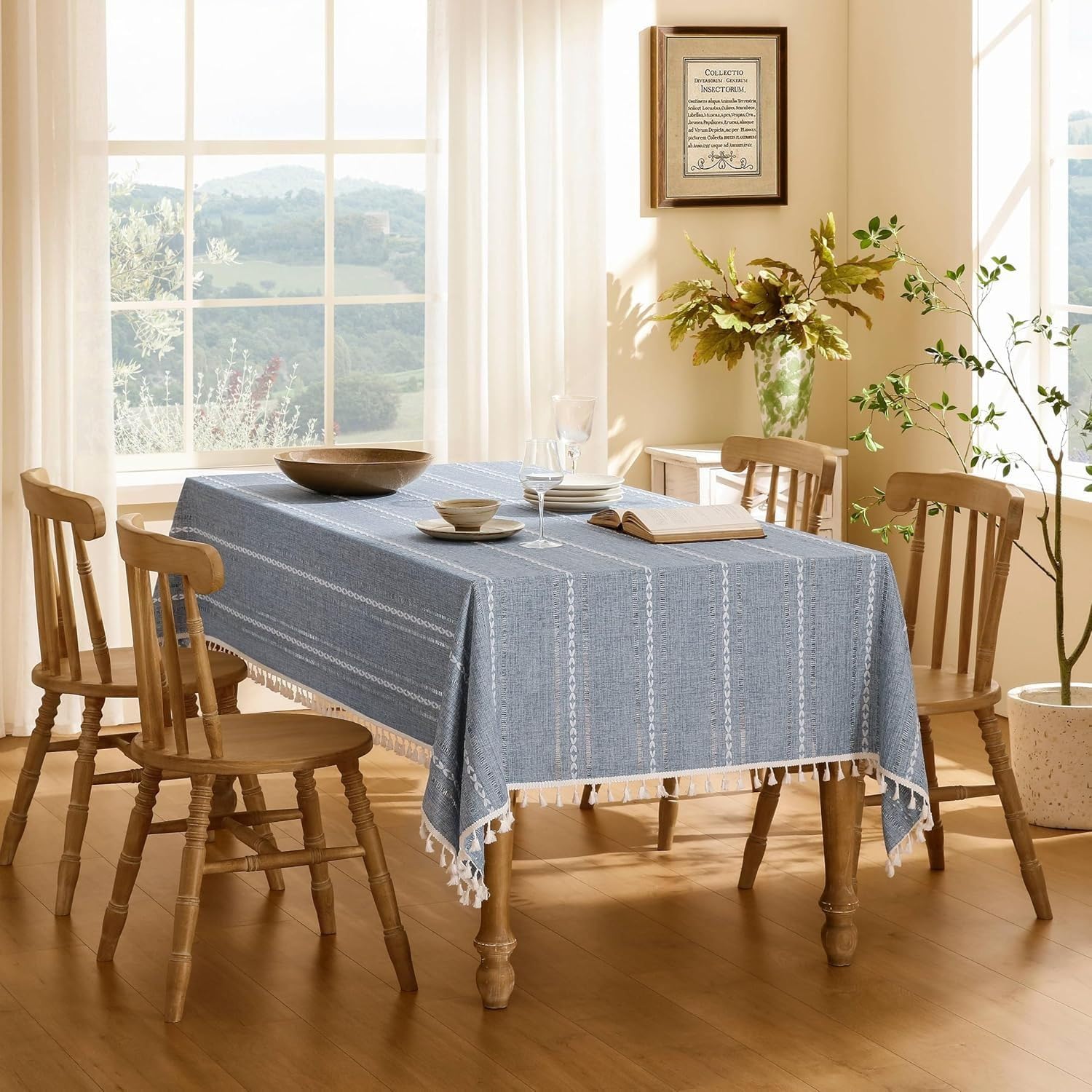 Nappe avec pompon - Nappe brodée - Imitation coton et lin - Pour cuisine, salle à manger, fête, vacances, Noël - Jaune - 100 x 160 cm