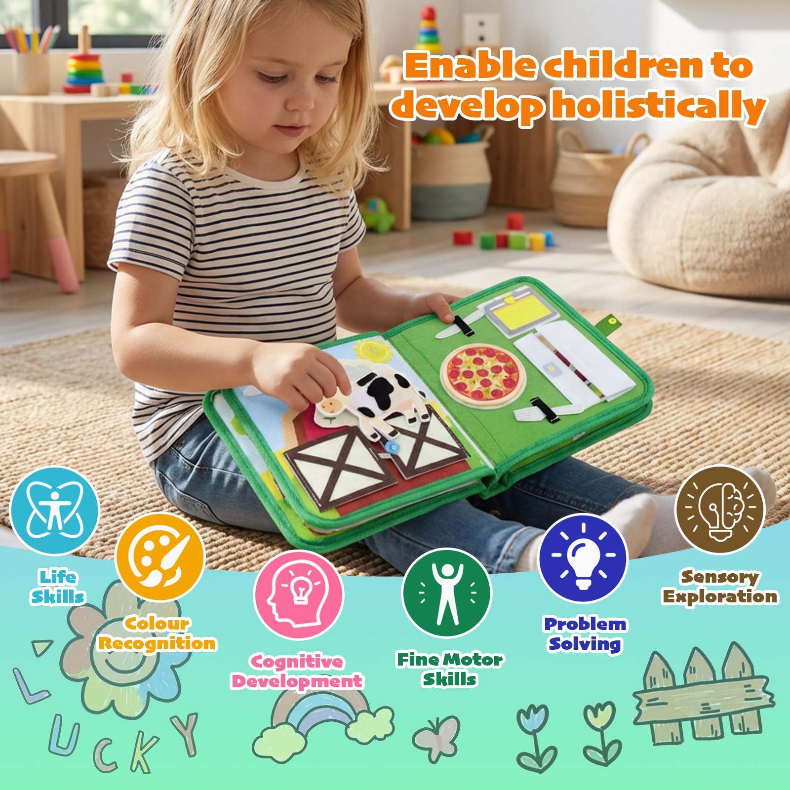 CIANBIFN Busy Board Jouet Enfant 1 2 3 Ans, Livre Occupé de Ferme Montessori, Busy Board Montessori de Feutre, Planche d'Activités Jouet Éducatif Sensoriel Préscolaire pour 1-4 Ans Enfants