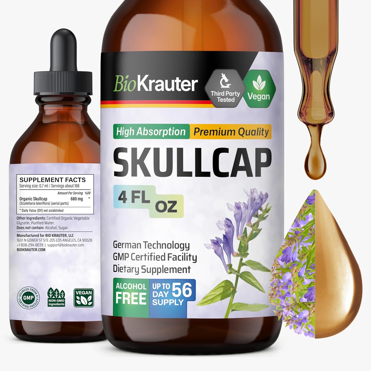 BIO KRAUTER Skullcap Herb Tincture - Scutellaria Lateriflora Liquid Extract - Alcohol and Sugar Free Skullcap Tincture - Vegan Drops 4 Fl.Oz.