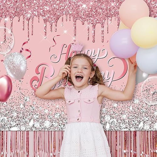 Miniatura 3 de Avezano Telón de fondo de cumpleaños de oro rosa con globos de purpurina rosa y plateado - Cartel para sesión de fotos de cumpleaños de 16, 18, 21,