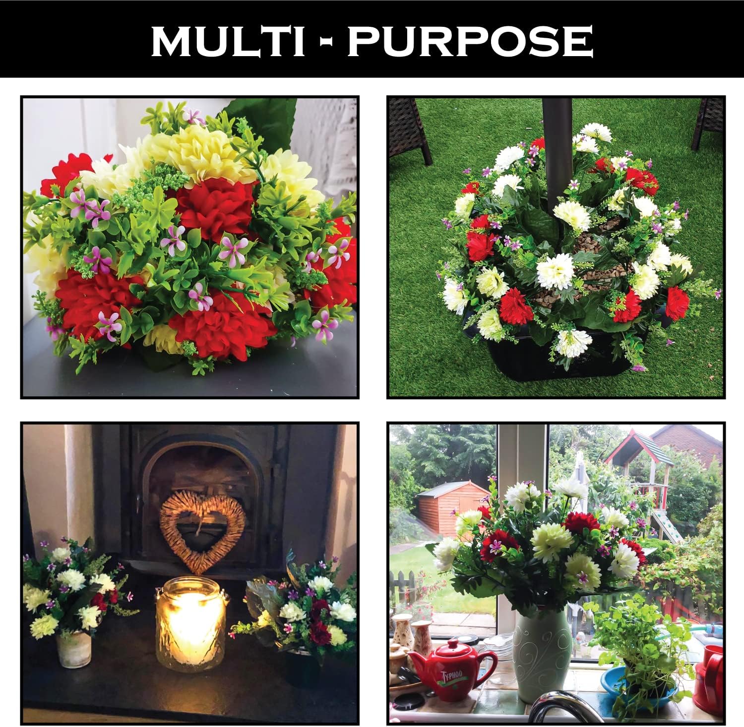 Bagari Artificial Flowers, Large Mixed Bush Grave Flowers, 16 inch Fake Flowers for Decoration, Ivory - Light Green - Red Artificial Flowers for Outdoor & Indoor Events Wedding Party Home Decoration - Image 3