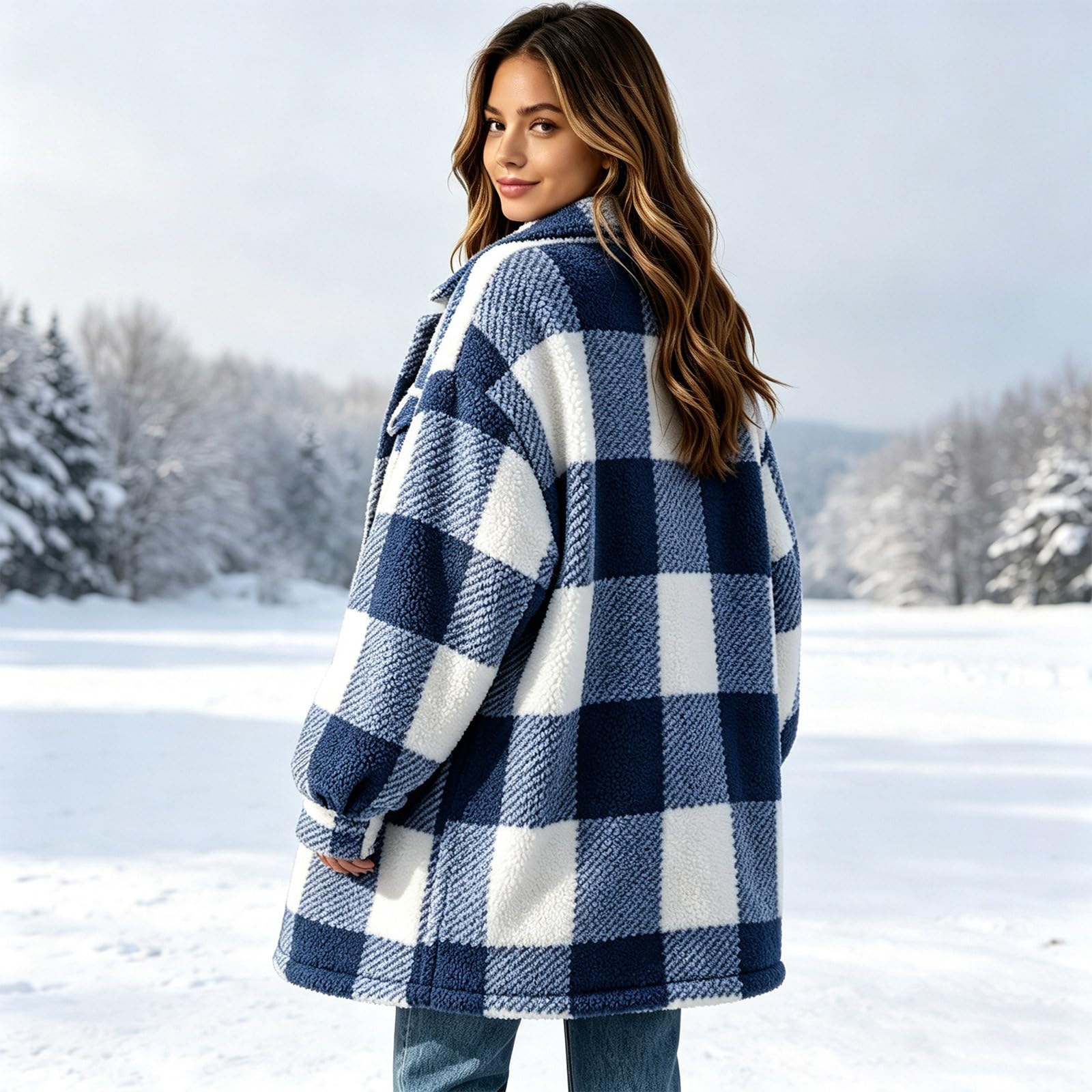 Fleecejacke Damen Teddyjacke Karierte Wintermantel Outdoorjacke
