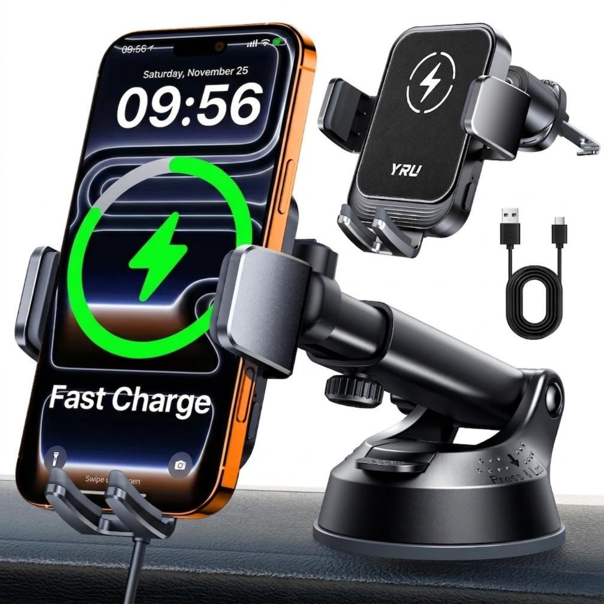 YRU Military-Grade Wireless Car Charger Mount