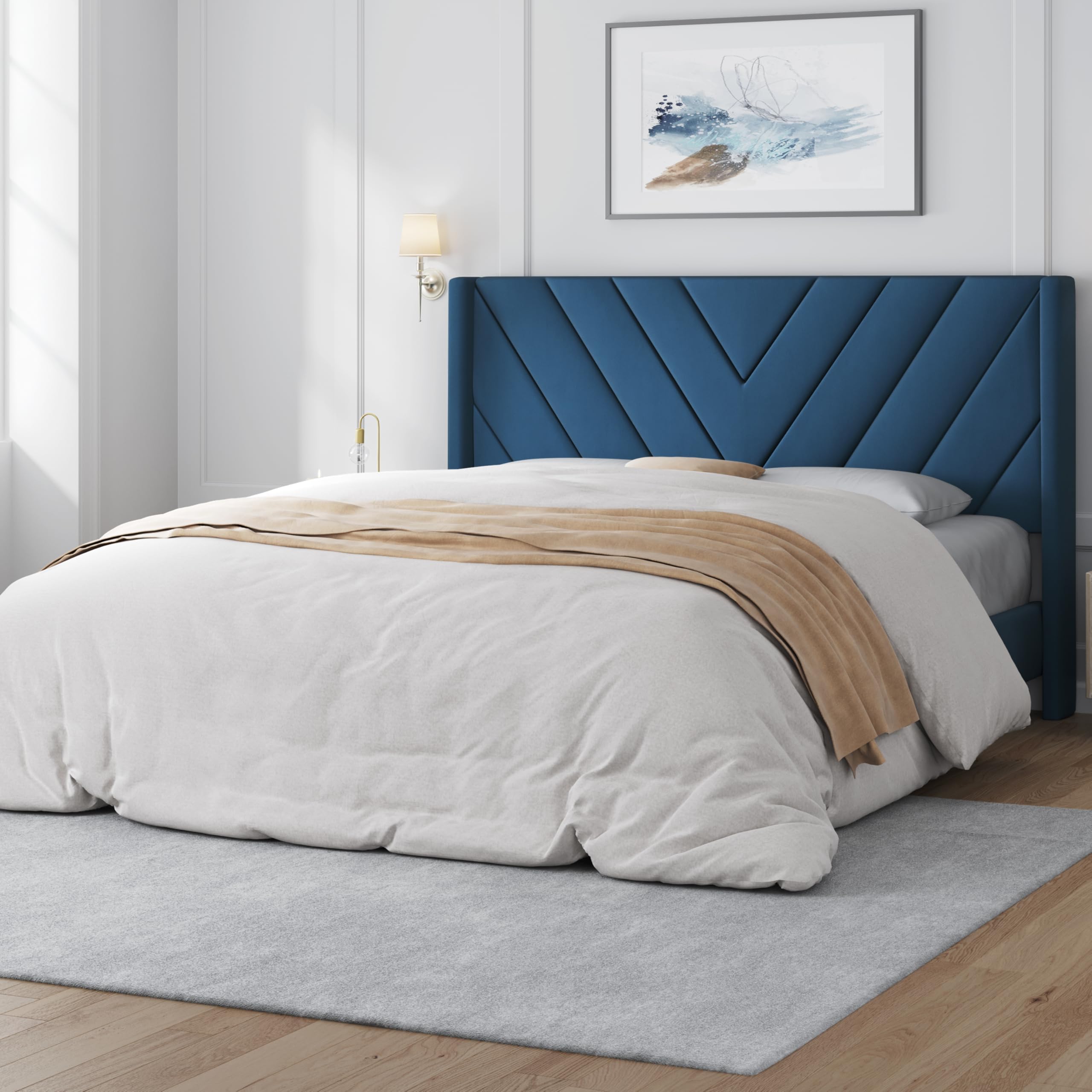Yaheetech Queen Bed Frame Upholstered Platform Bed with Wing Side/Wooden Slat Support/Tufted Headboard with Wing Side/Mattress Foundation/No Box Spring Needed,Blue Queen Bed