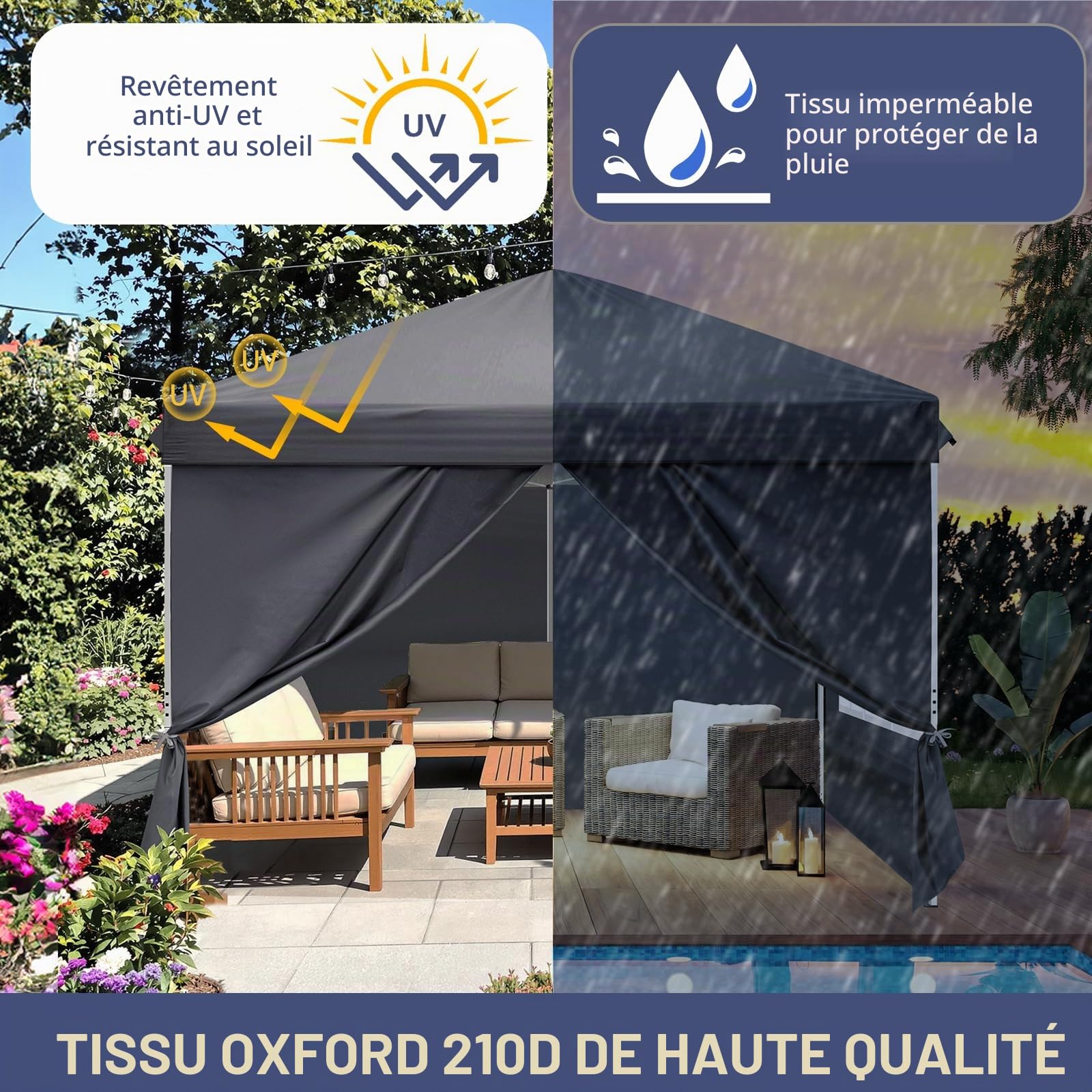 LEADZM Tonnelle Pop-Up Pliante 3x3m Cadre Métal Gris Foncé | Hauteur modulable, tissu étanche anti-UV 50+, 4 panneaux latéraux inclus, structure stable pour réception, jardin et camping