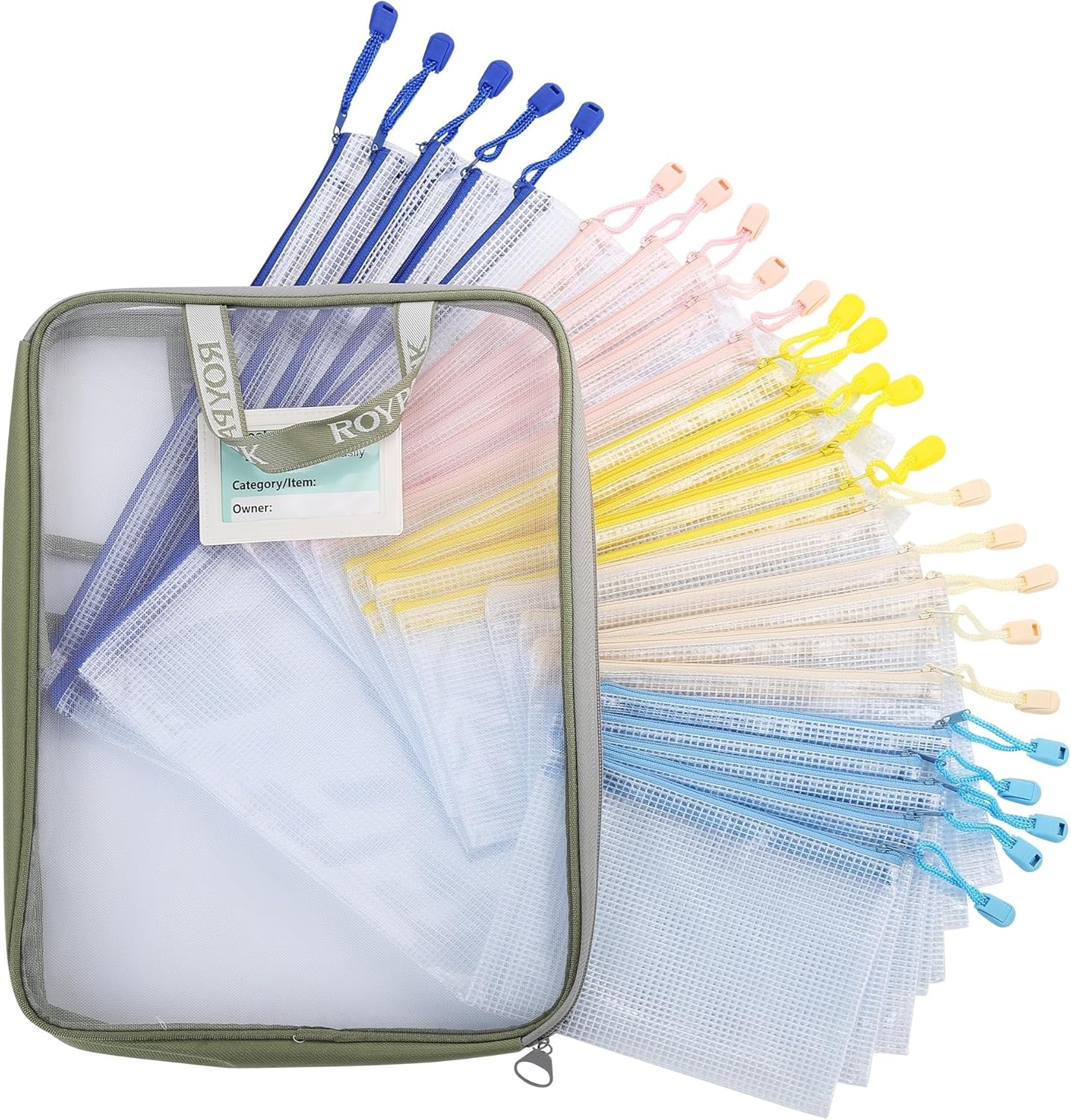 25-Pack Mesh Zipper Pouch Set with 1 Organizer Bag, 5 Sizes (A4 A5 A6 Bill B6) Clear Waterproof File Bags for Classroom Organization, Puzzle Storage & Large Scale Home Sorting (26pcs)