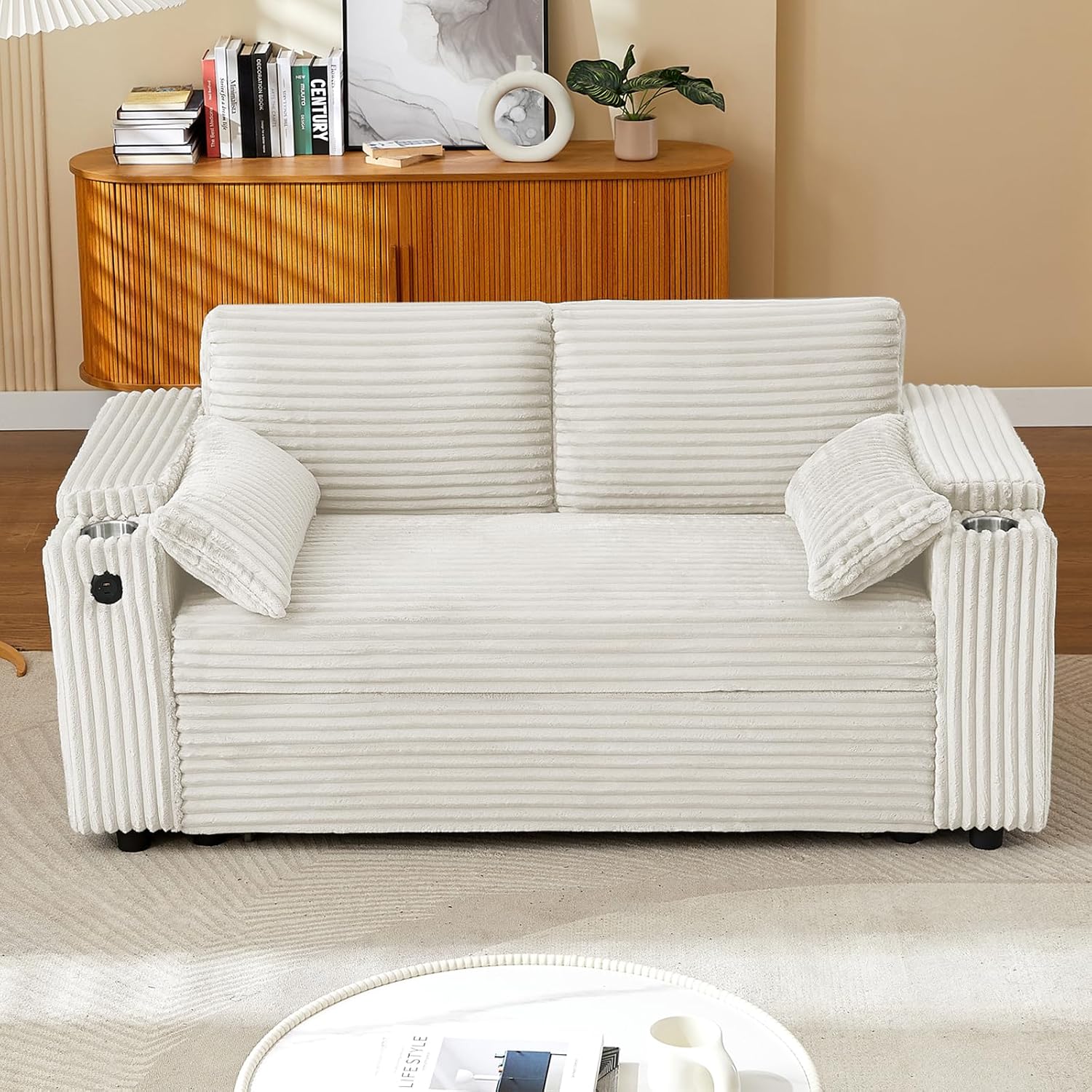 hansones 68.11" Corduroy Sleeper Chair Bed with USB Port, Cup Holders & Side Storage Pockets – 3-in-1 Foldable Sofa Bed for Guest Room, Living Room (ZY-1110-White)