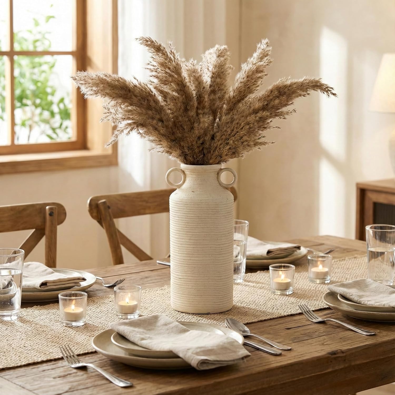 Ceramic Rustic Vase with 2 Round Handles, Antique Farmhouse Flower Vase, Vintage Terracotta Vases for Home Decor, Wedding, Living Room, Table, Shelf Decor - 10.2 Inch Tall, White - Image 8