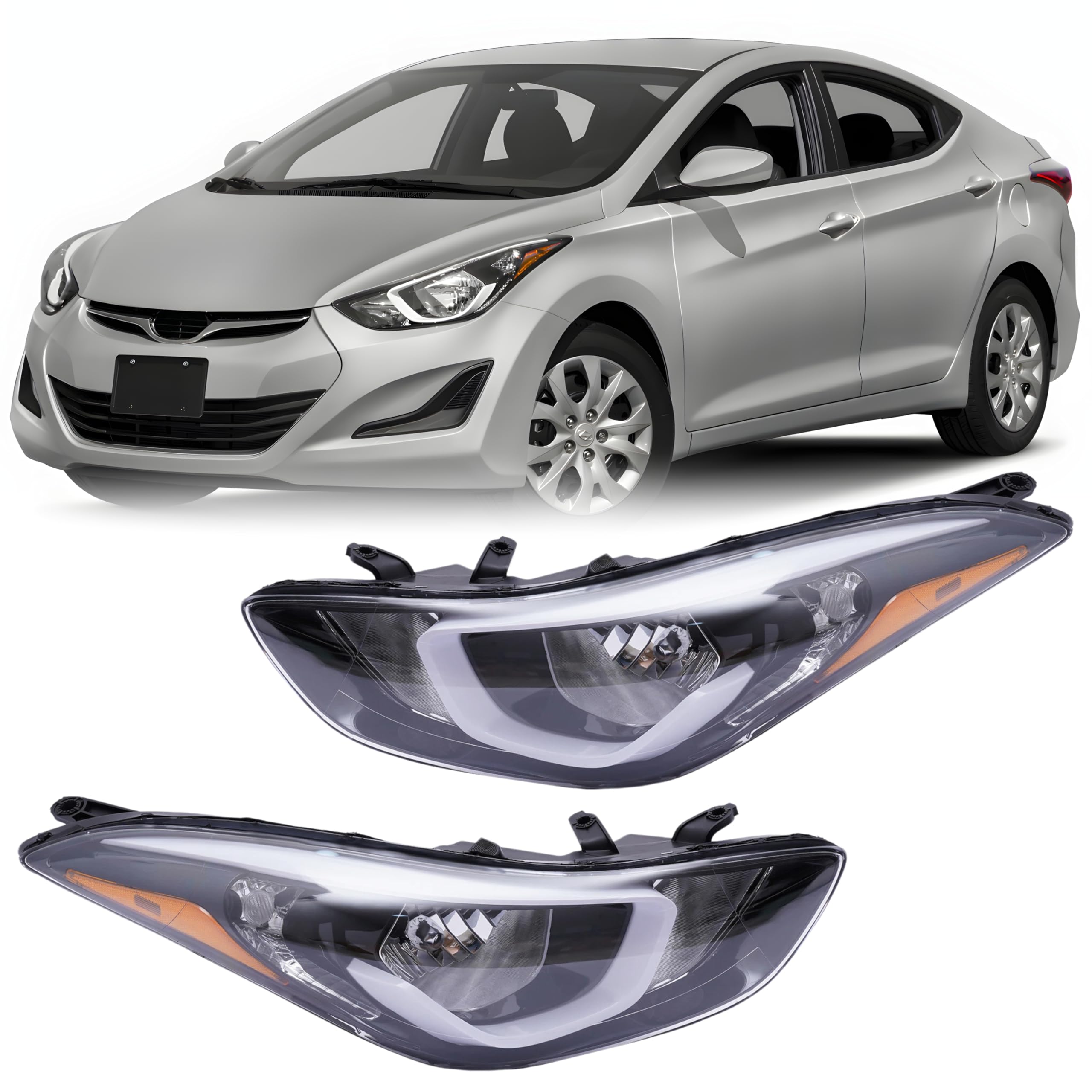 CHENDIAN For 2014 2015 2016 Hyundai Elantra Headlight Assembly - Halogen Headlamp, Left Driver Side & Right Passenger Side, w/o DRL, w/Bulbs, Black