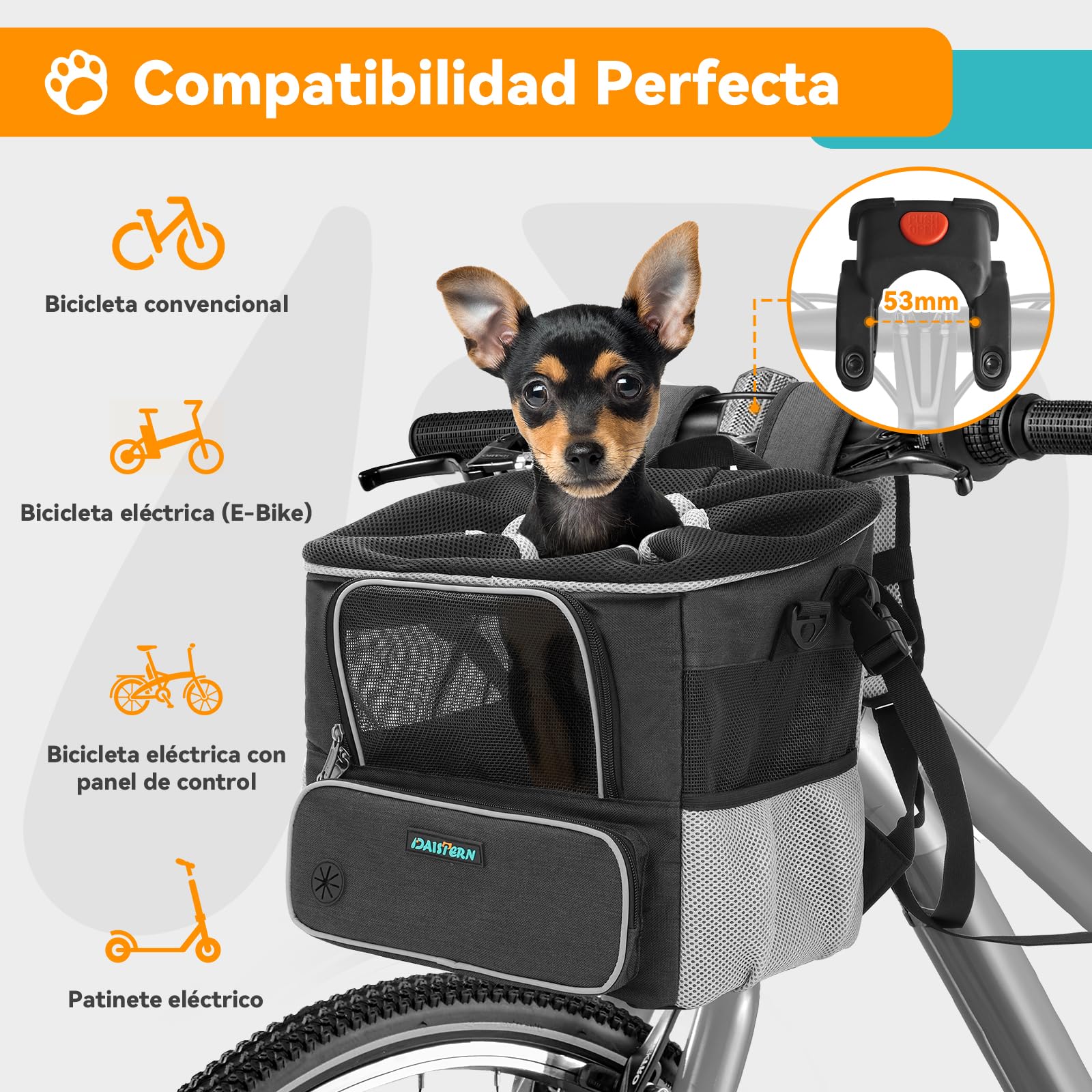DAISTERN de BSWAY Cesta Bicicleta para Perros hasta 4KG, Cesta Delantera Bicicleta con Soporte Φ53mm, Mochila/Bolsa de Hombro/Asiento de Coche con Ventanas de Malla Transpirable, Cojín Impermeable